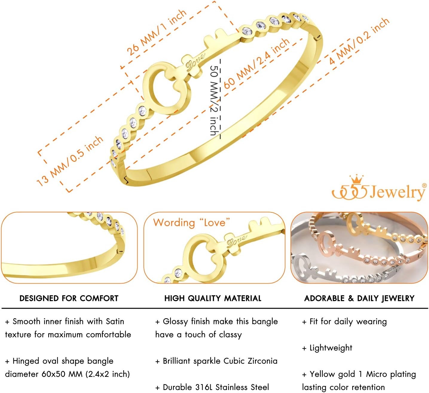 image:image555Jewelry Stainless Steel Hinge Lock CZ amp Vintage Key Cuff Bangle Bracelet for WomenGold
