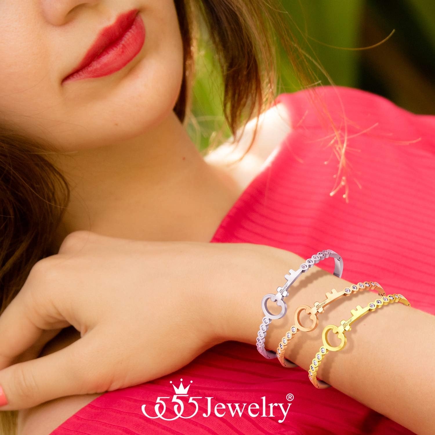 image:image555Jewelry Stainless Steel Hinge Lock CZ amp Vintage Key Cuff Bangle Bracelet for WomenGold