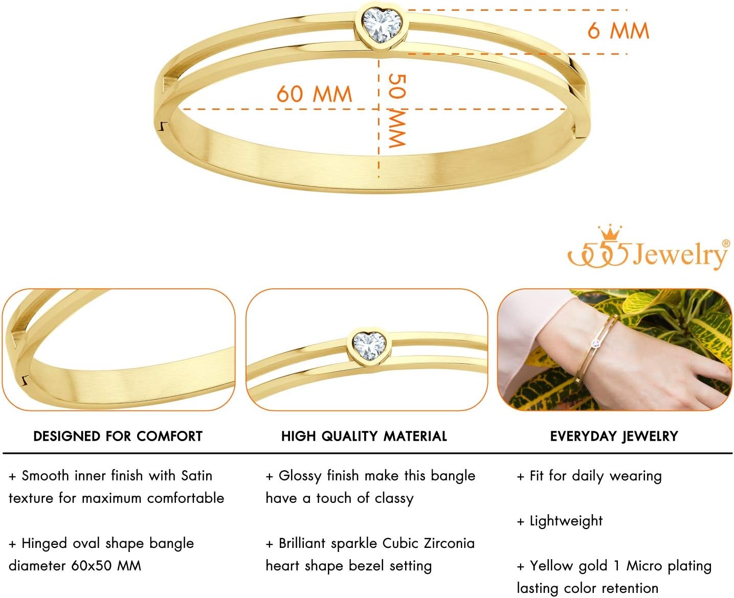 image:image555Jewelry Stainless Steel Hinge Lock Heart CZ Cuff Bangle Bracelet for WomenGold