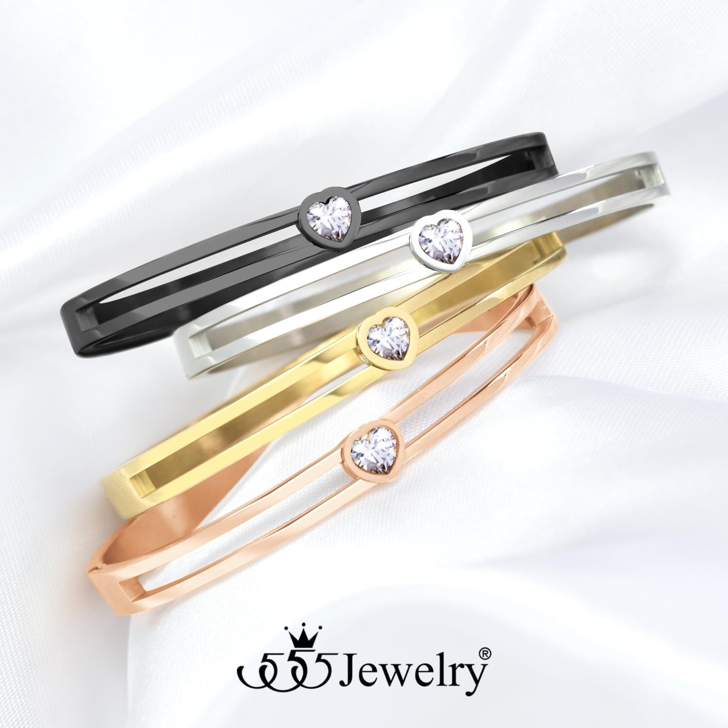 image:image555Jewelry Stainless Steel Hinge Lock Heart CZ Cuff Bangle Bracelet for WomenGold