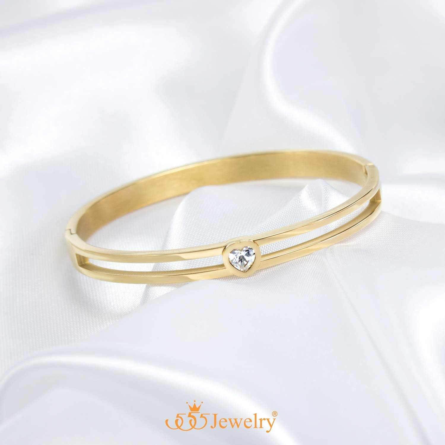image:image555Jewelry Stainless Steel Hinge Lock Heart CZ Cuff Bangle Bracelet for WomenGold