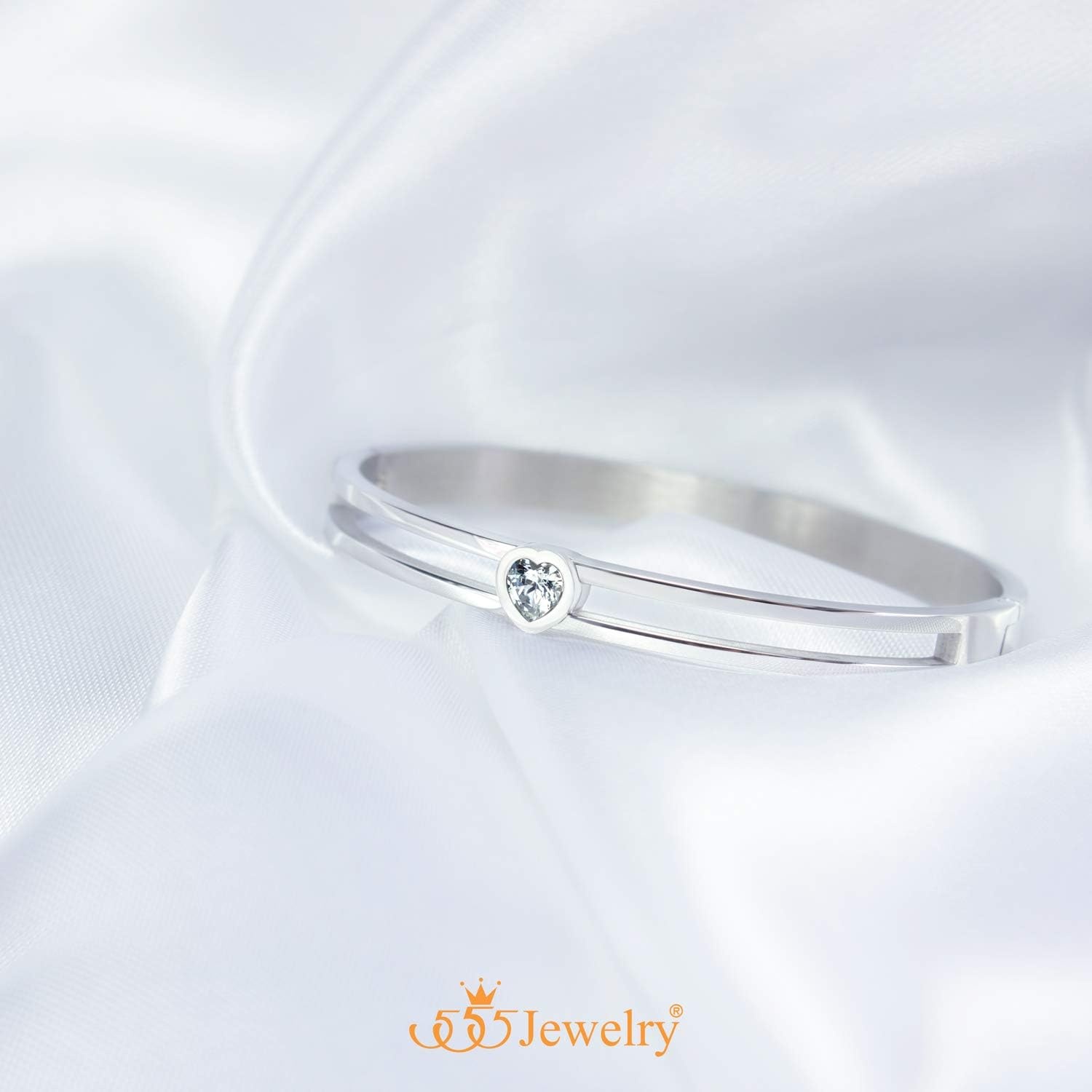 image:image555Jewelry Stainless Steel Hinge Lock Heart CZ Cuff Bangle Bracelet for WomenSilver