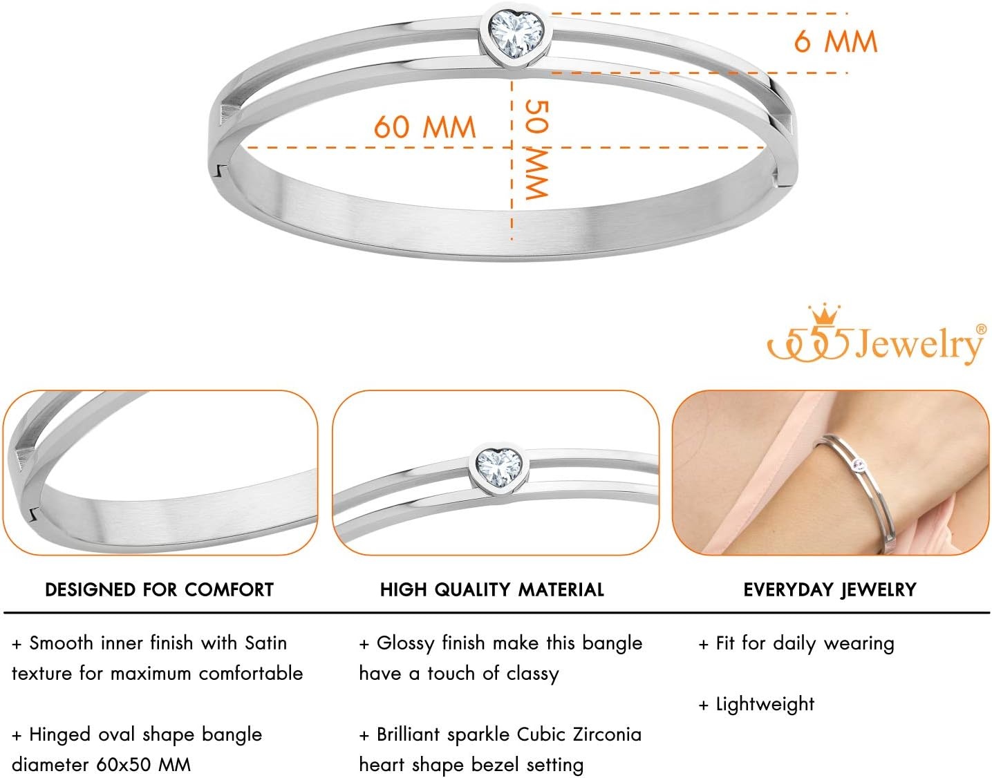 image:image555Jewelry Stainless Steel Hinge Lock Heart CZ Cuff Bangle Bracelet for WomenSilver