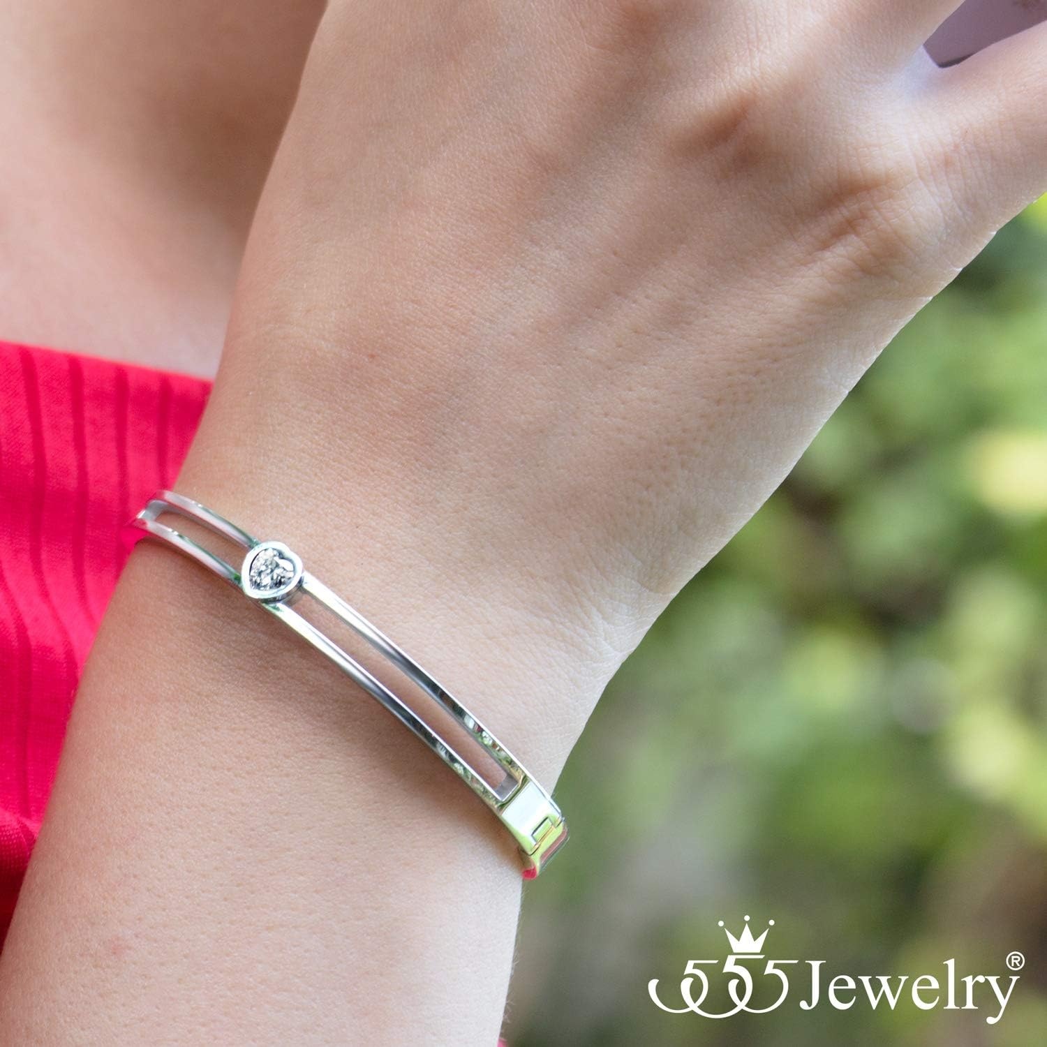 image:image555Jewelry Stainless Steel Hinge Lock Heart CZ Cuff Bangle Bracelet for WomenSilver