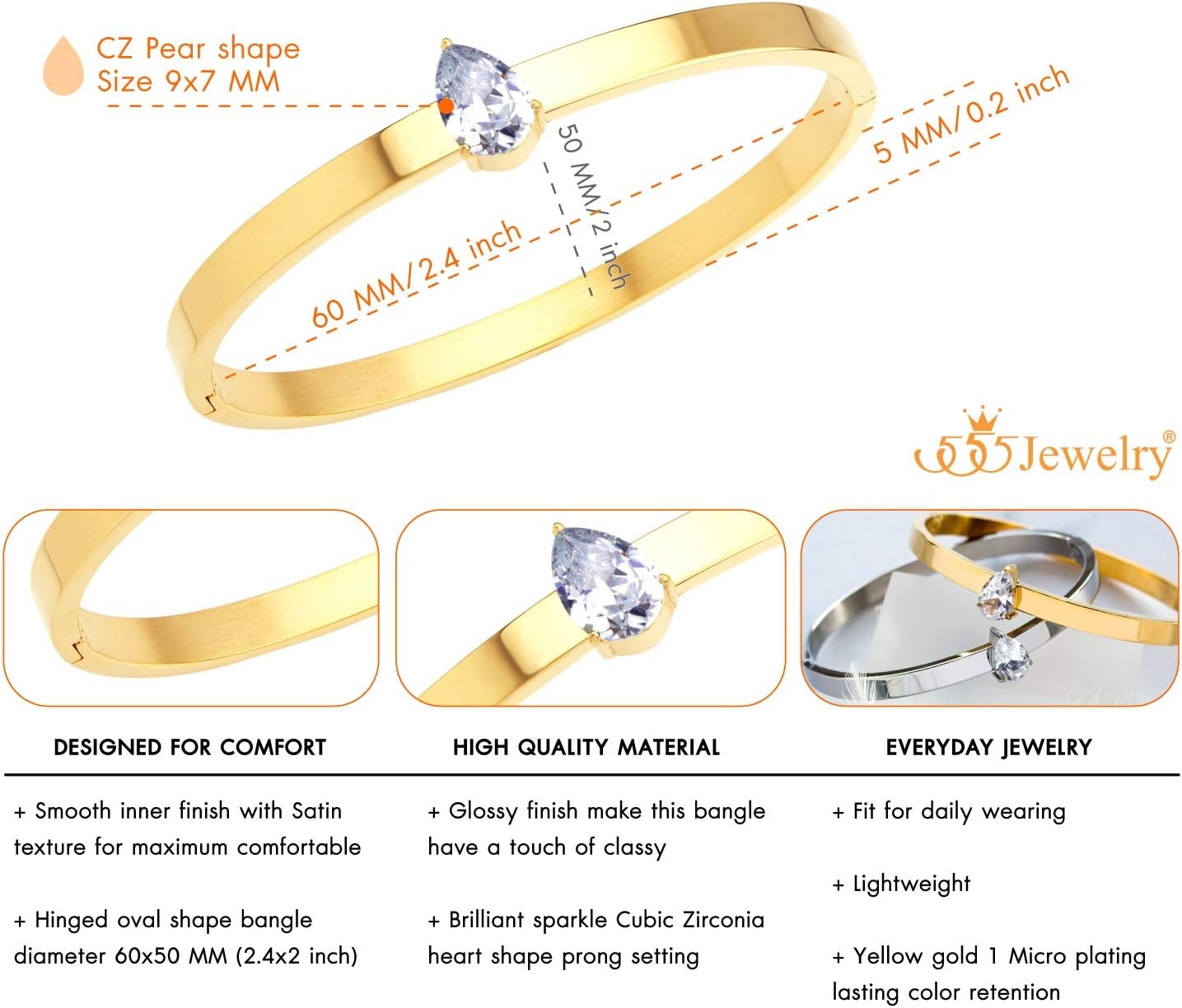 image:image555Jewelry Stainless Steel Hinge Lock Heart Shape CZ Cuff Bangle Bracelet for WomenGold Teardrop CZ