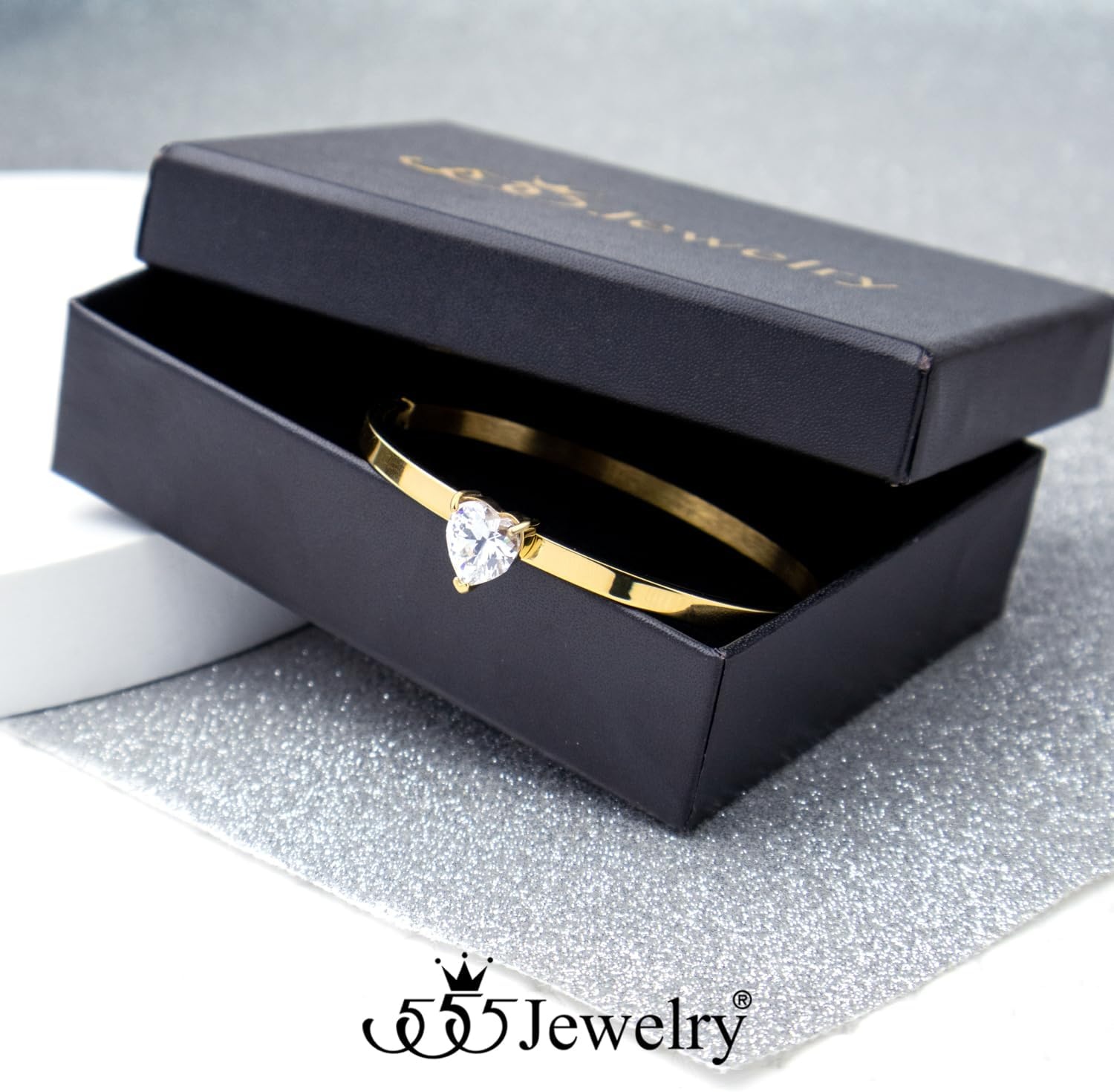 image:image555Jewelry Stainless Steel Hinge Lock Heart Shape CZ Cuff Bangle Bracelet for WomenGold