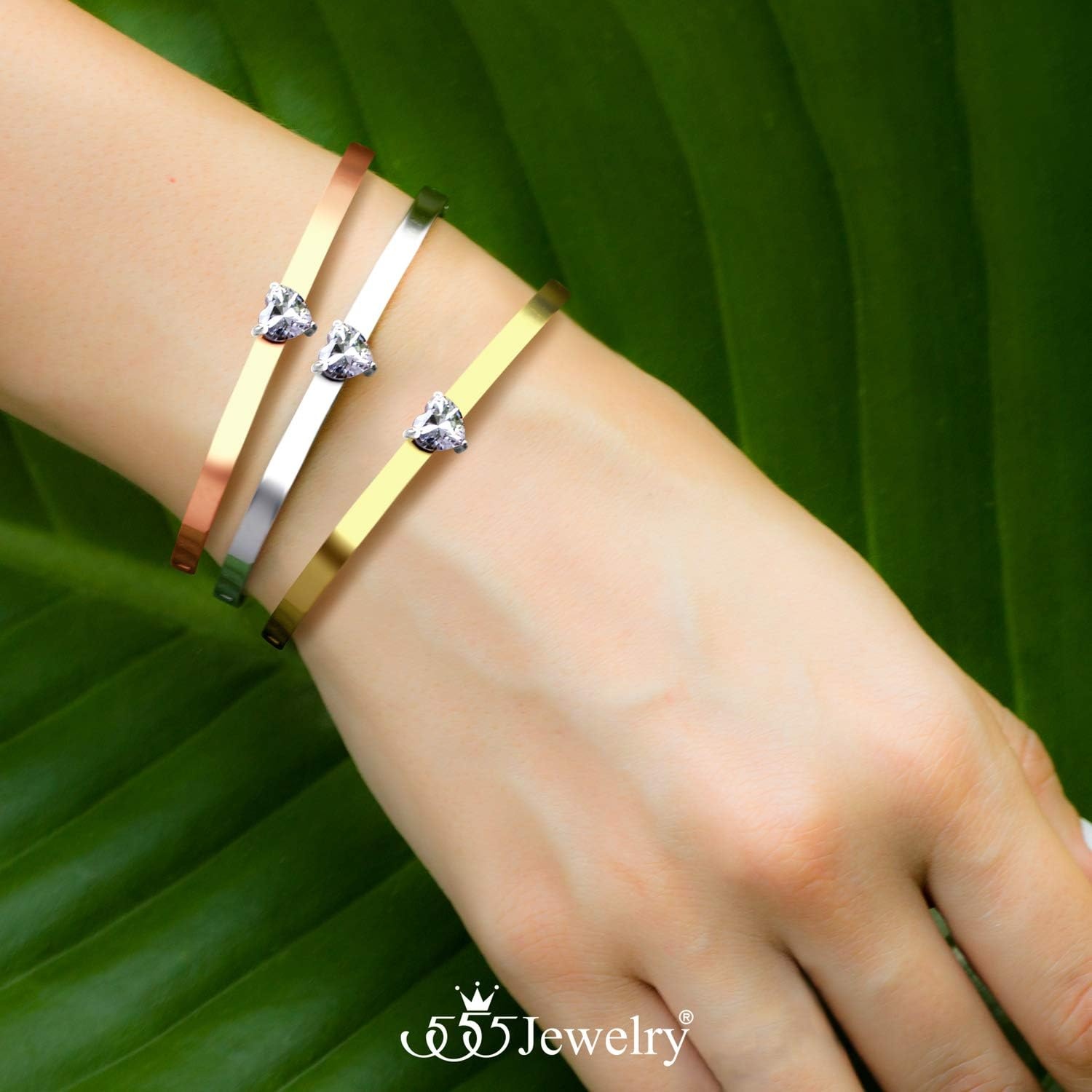 image:image555Jewelry Stainless Steel Hinge Lock Heart Shape CZ Cuff Bangle Bracelet for WomenGold