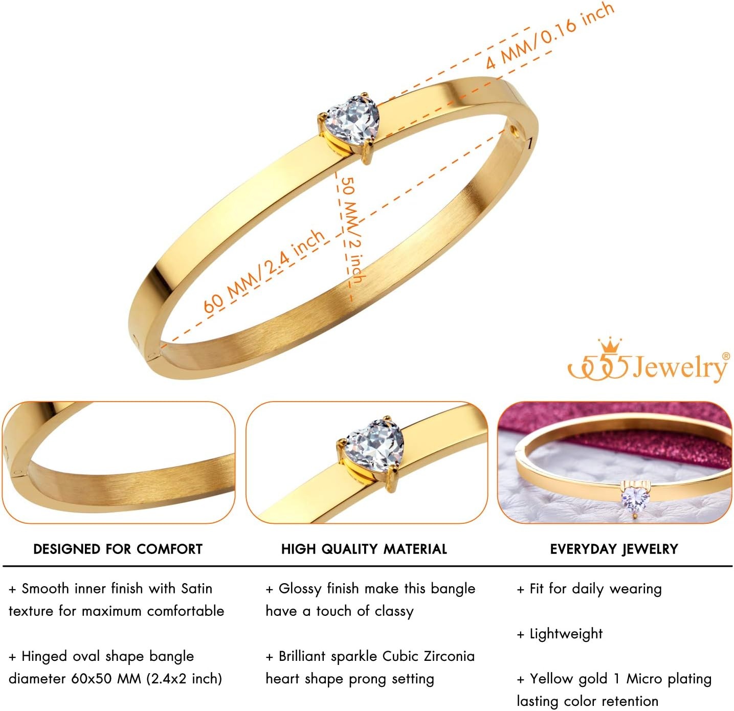 image:image555Jewelry Stainless Steel Hinge Lock Heart Shape CZ Cuff Bangle Bracelet for WomenGold