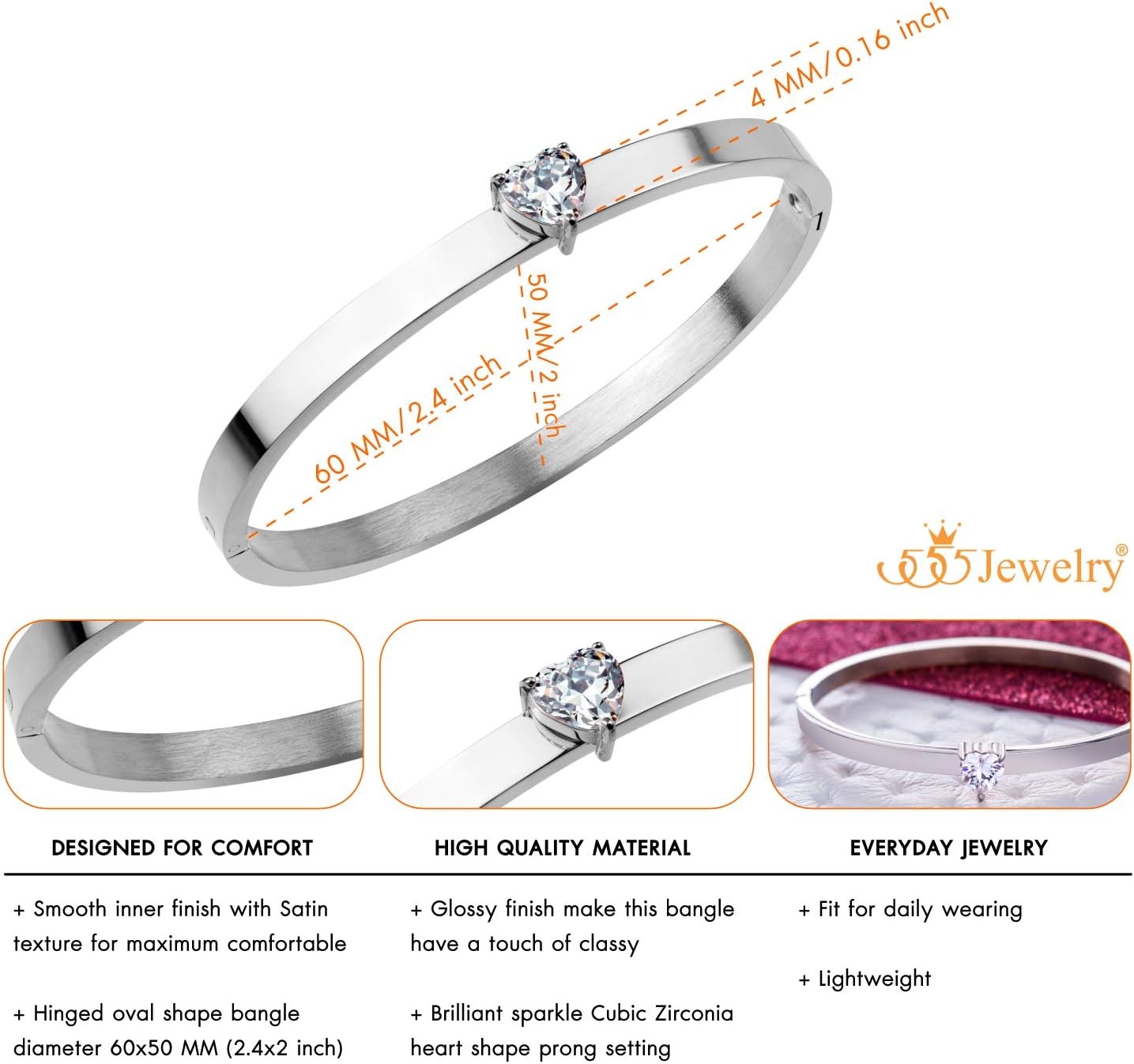 image:image555Jewelry Stainless Steel Hinge Lock Heart Shape CZ Cuff Bangle Bracelet for WomenSilver