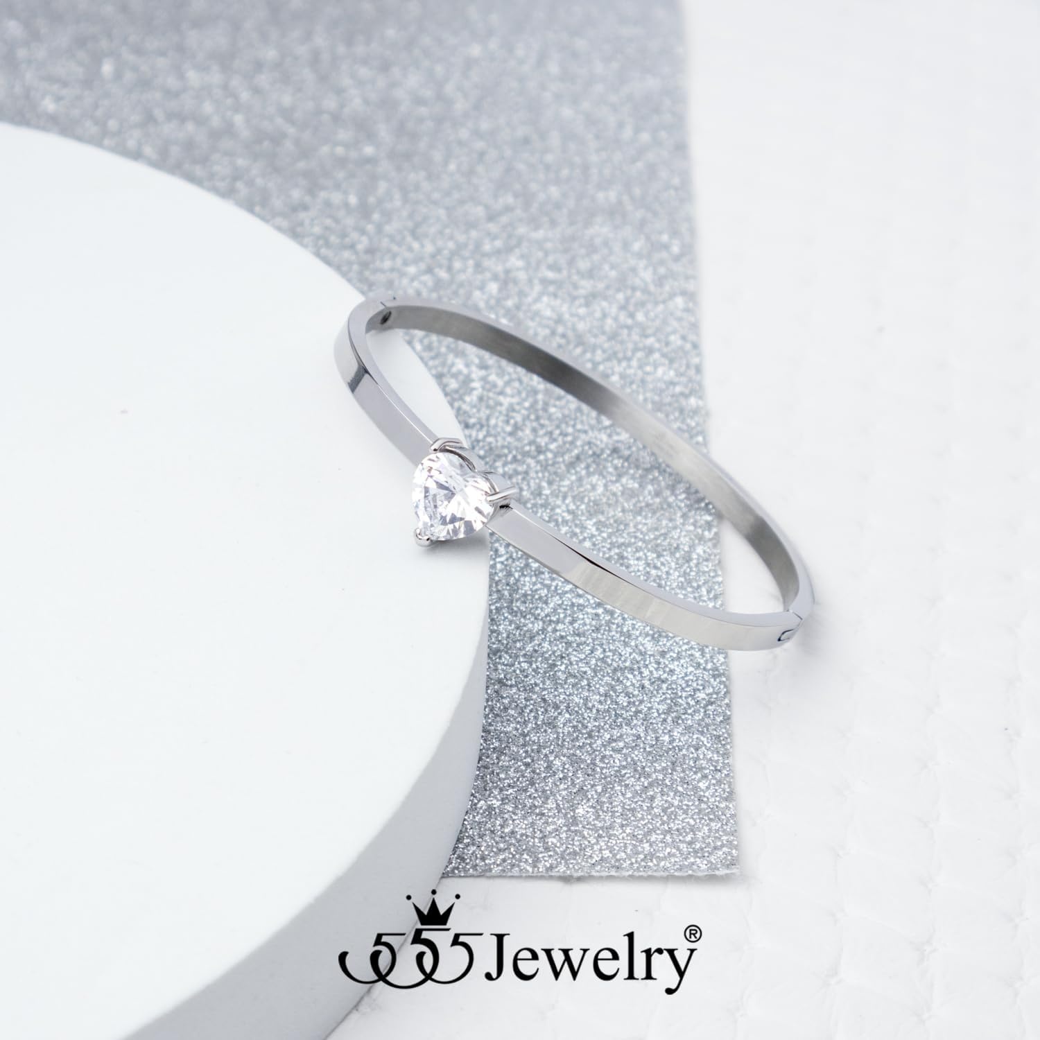 image:image555Jewelry Stainless Steel Hinge Lock Heart Shape CZ Cuff Bangle Bracelet for WomenSilver