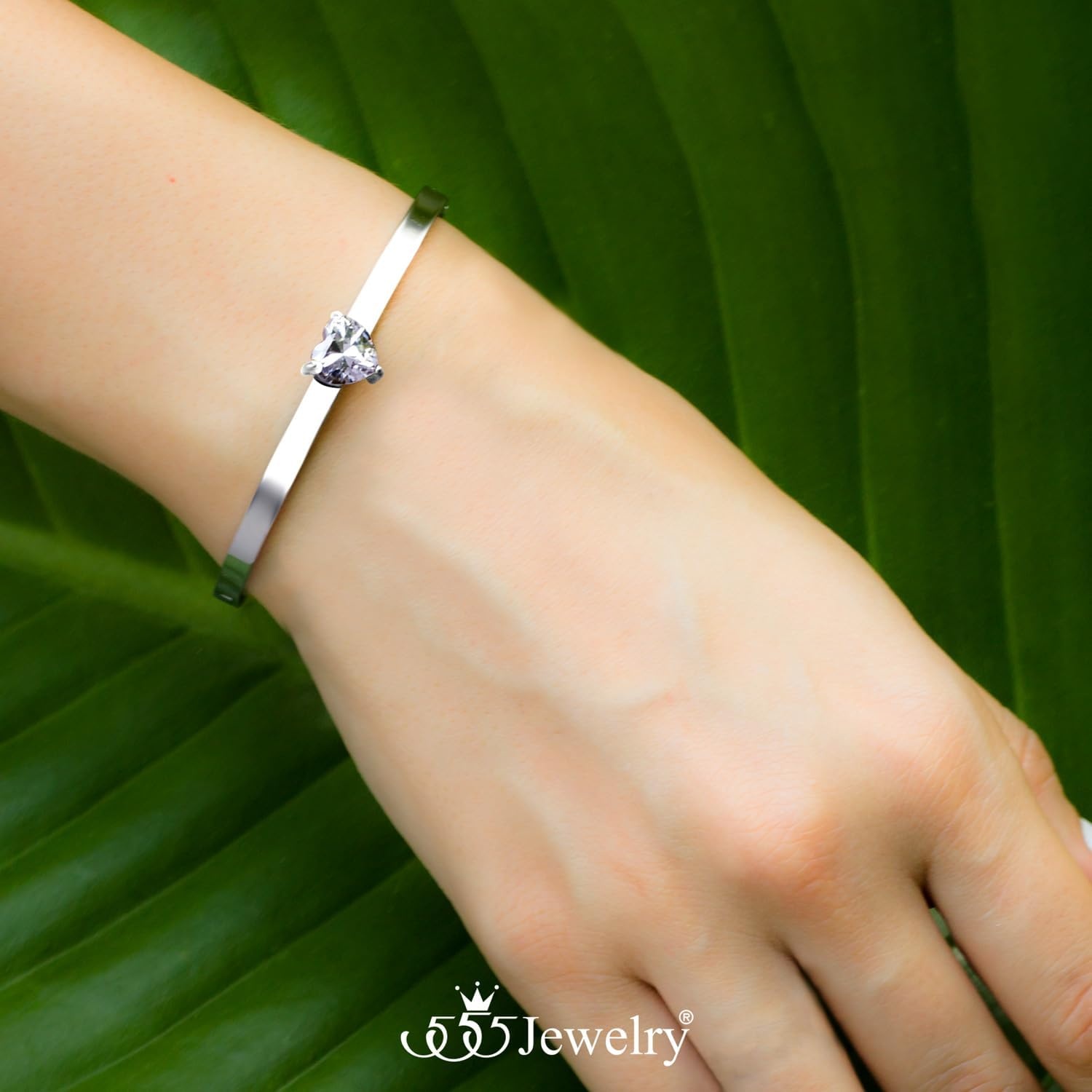 image:image555Jewelry Stainless Steel Hinge Lock Heart Shape CZ Cuff Bangle Bracelet for WomenSilver