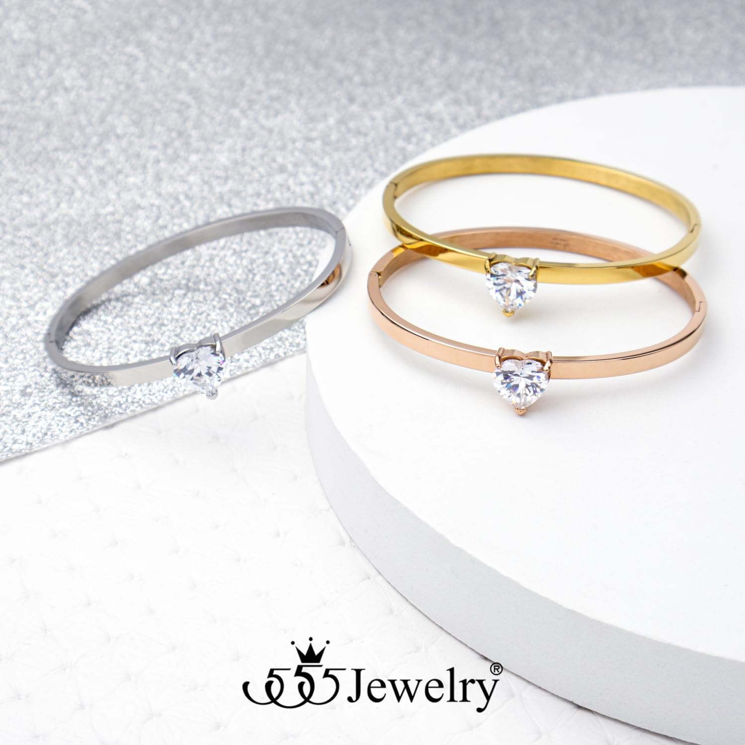 image:image555Jewelry Stainless Steel Hinge Lock Heart Shape CZ Cuff Bangle Bracelet for WomenSilver