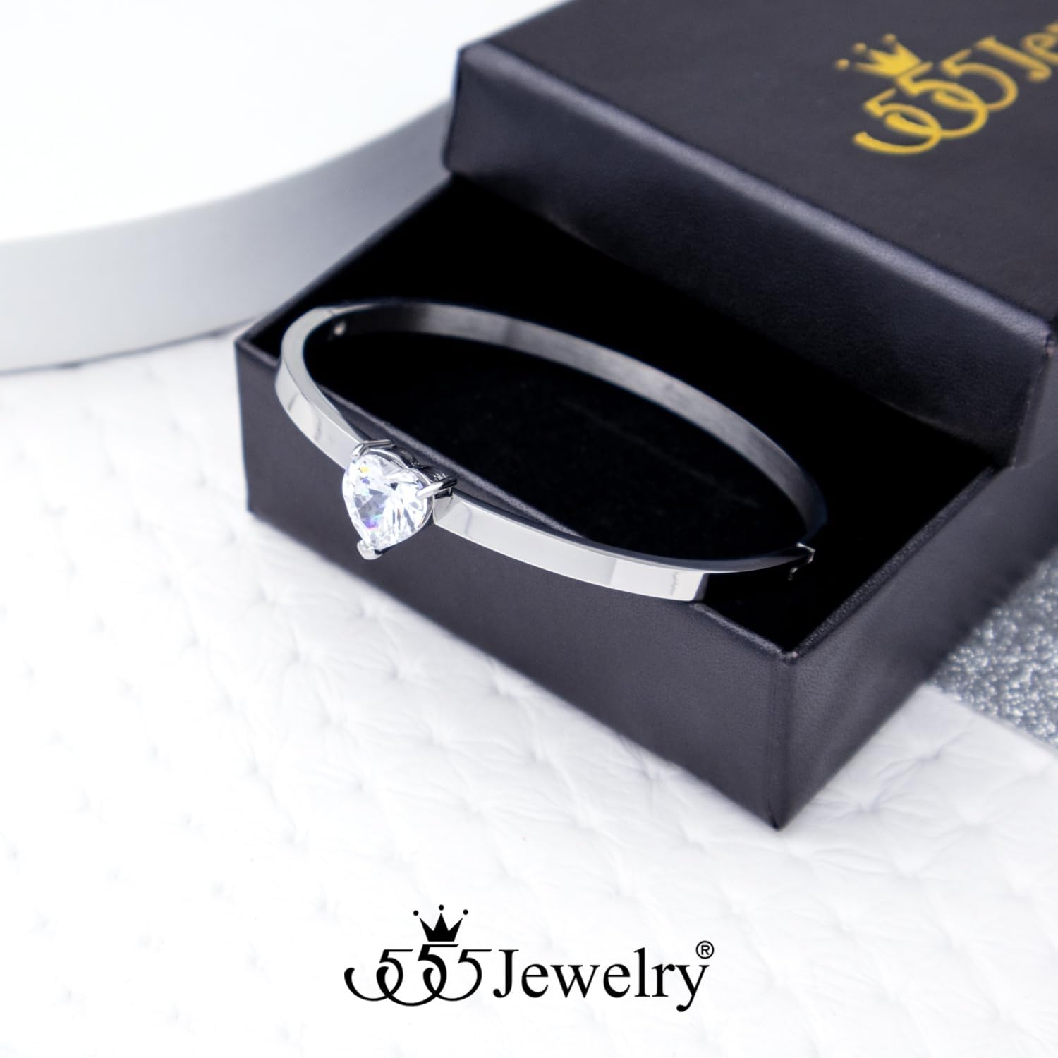 image:image555Jewelry Stainless Steel Hinge Lock Heart Shape CZ Cuff Bangle Bracelet for WomenSilver