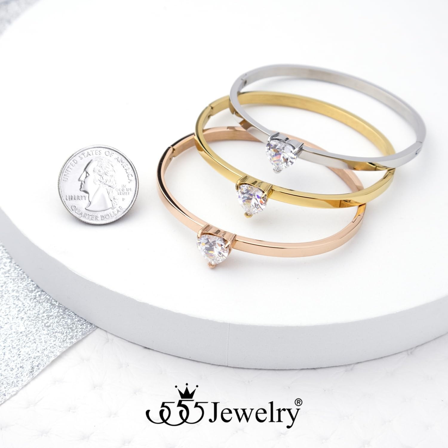 image:image555Jewelry Stainless Steel Hinge Lock Heart Shape CZ Cuff Bangle Bracelet for WomenSilver