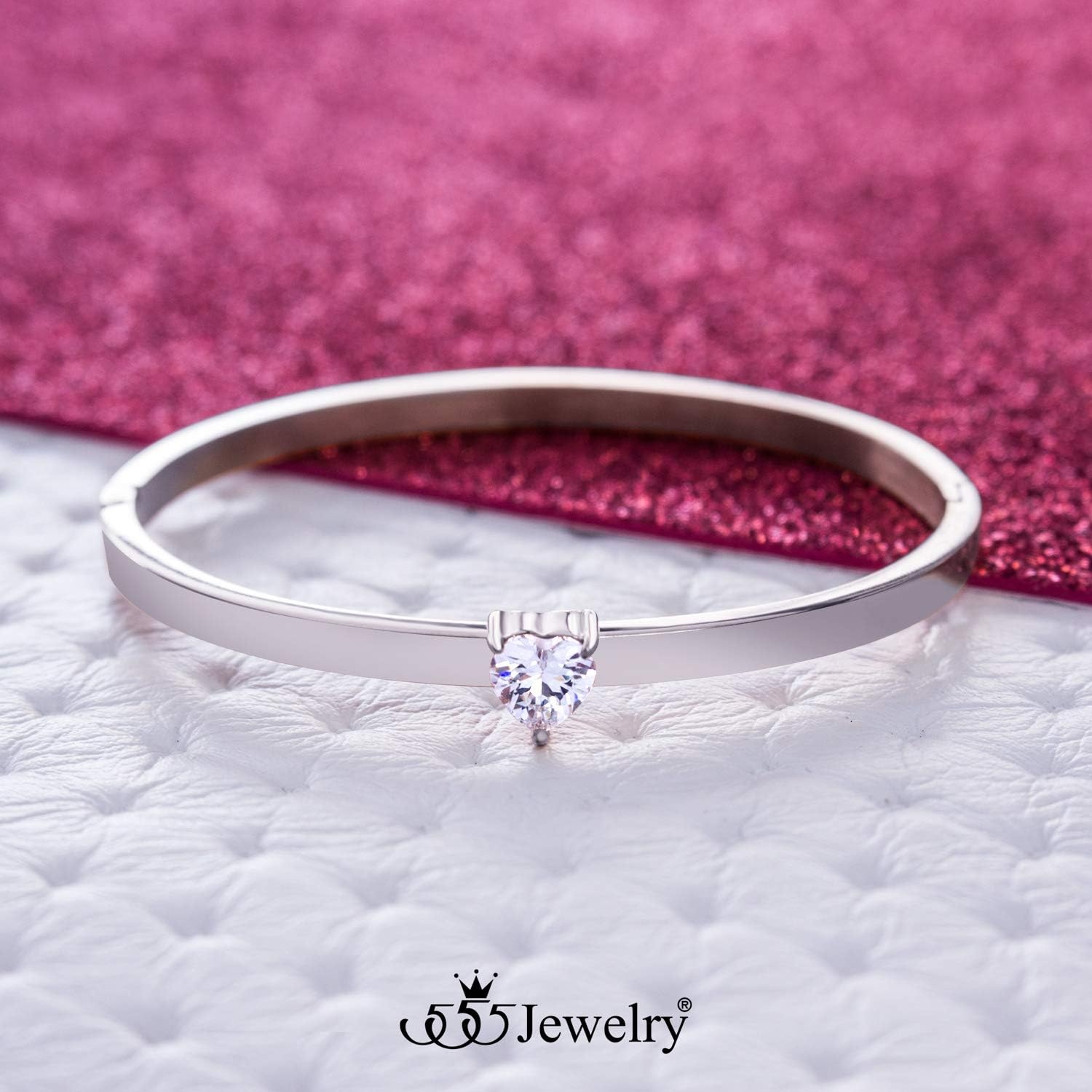 image:image555Jewelry Stainless Steel Hinge Lock Heart Shape CZ Cuff Bangle Bracelet for WomenSilver