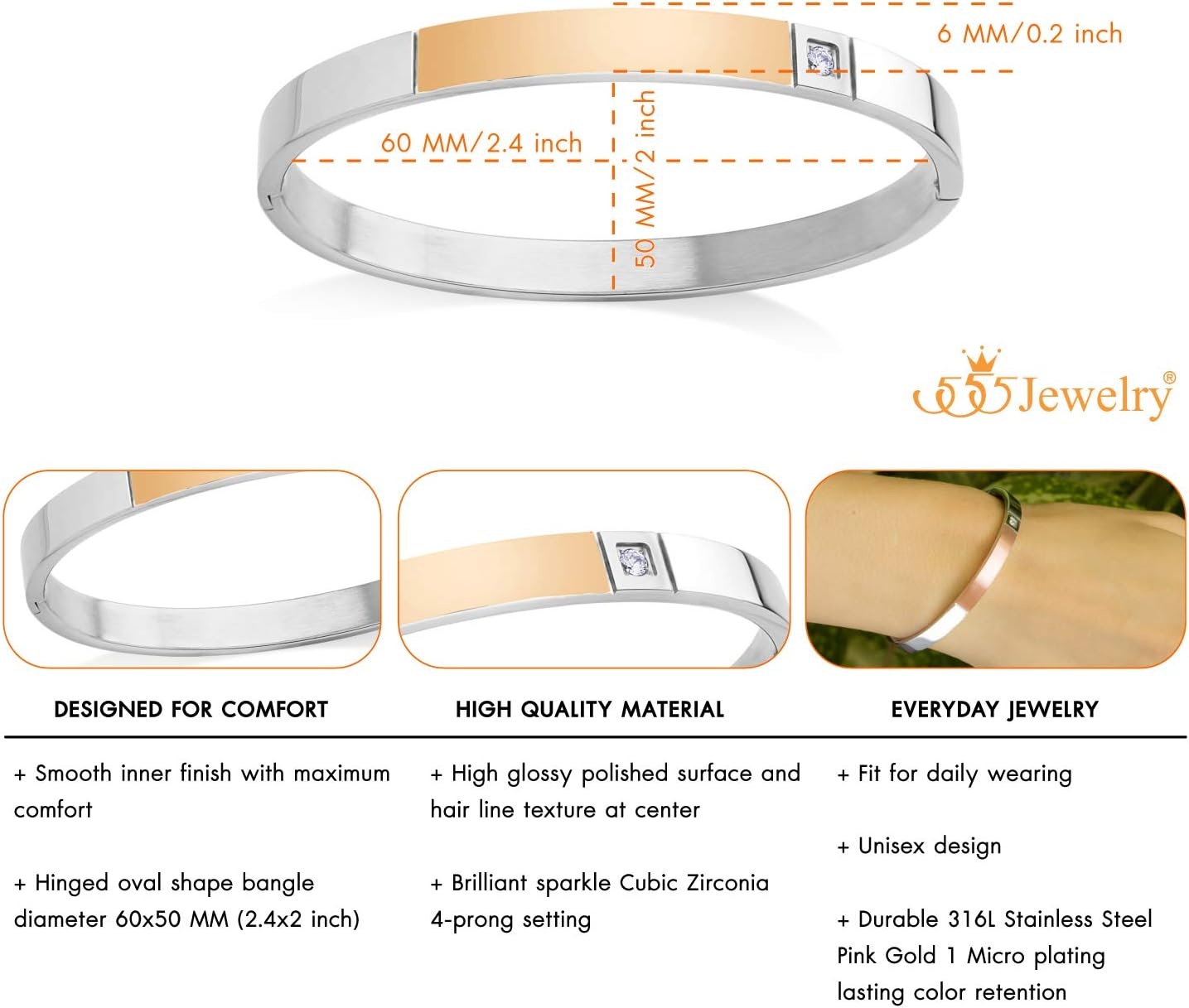image:image555Jewelry Stainless Steel Hinged Lock CZ Cuff Bangle Bracelet for Men amp WomenRose Gold