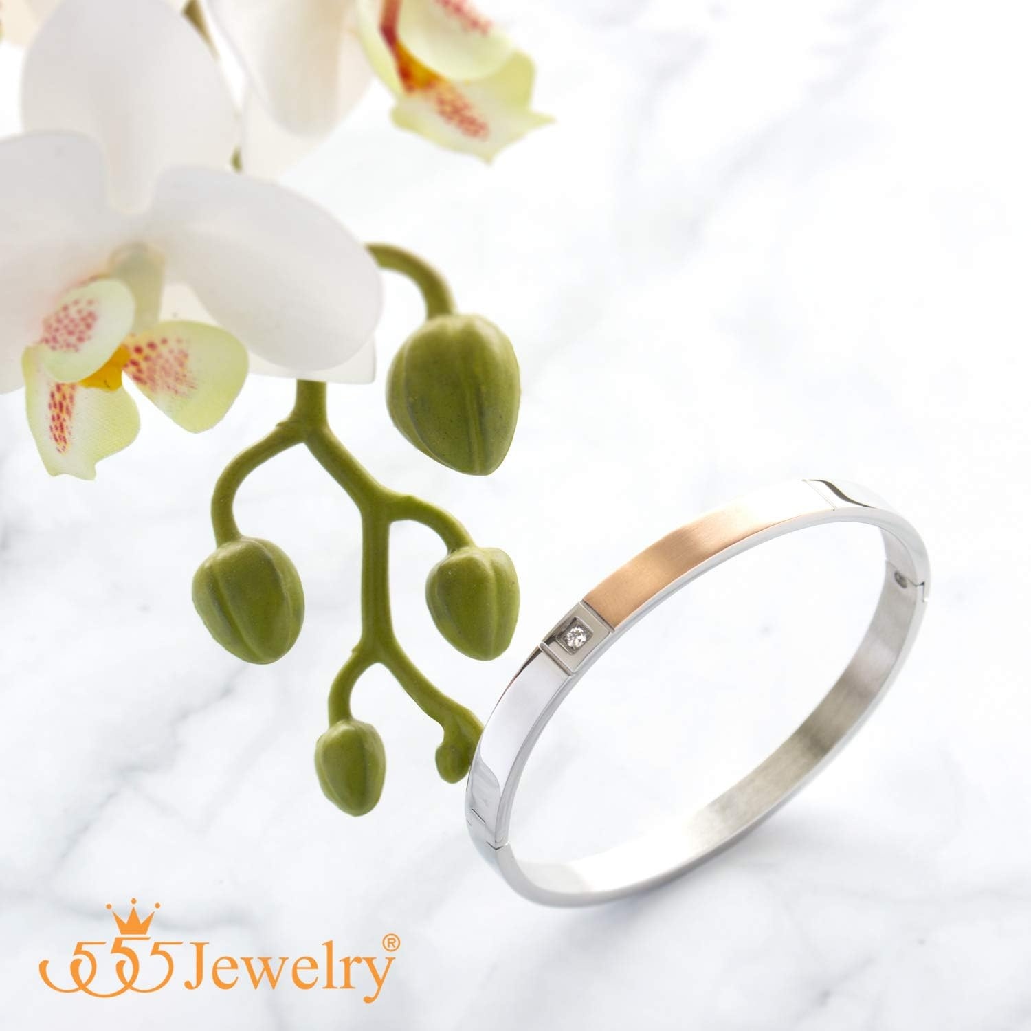 image:image555Jewelry Stainless Steel Hinged Lock CZ Cuff Bangle Bracelet for Men amp WomenRose Gold