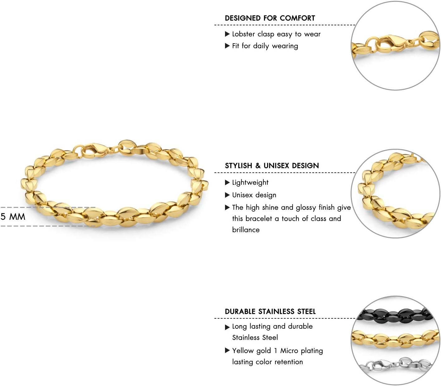 image:image555Jewelry Stainless Steel Hollow Coffee Bean Unisex Link Chain Bangle BraceletYellow Gold