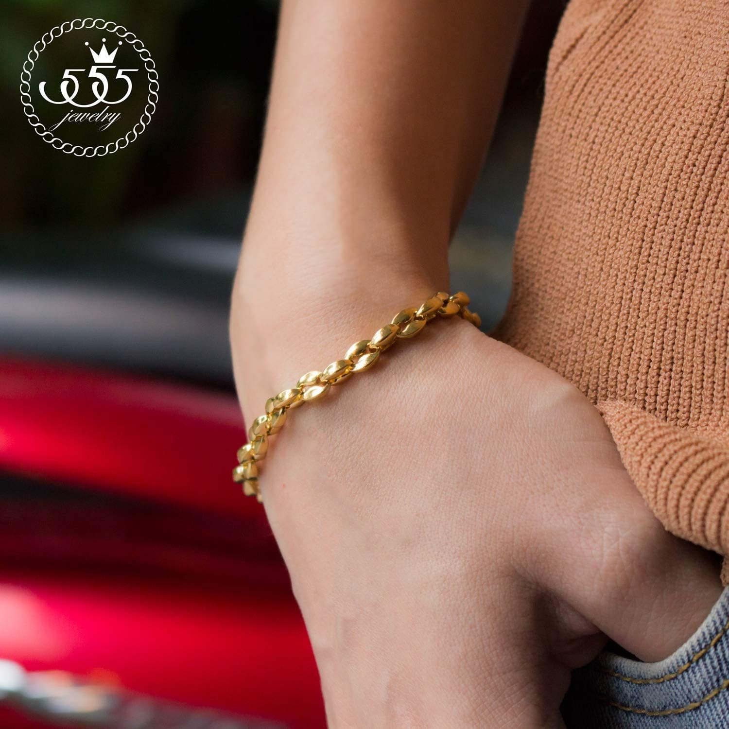image:image555Jewelry Stainless Steel Hollow Coffee Bean Unisex Link Chain Bangle BraceletYellow Gold