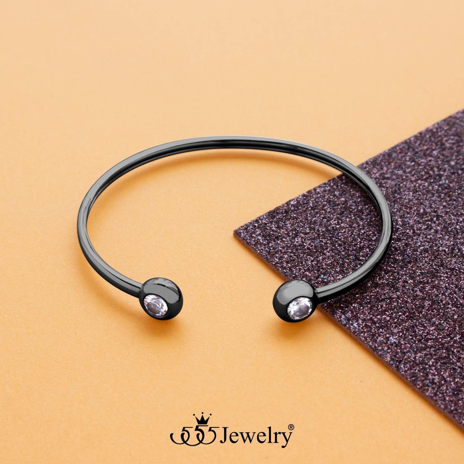 image:image555Jewelry Stainless Steel Open Cuff Bangle CZ Bead Bracelet for Women amp LadiesBlack