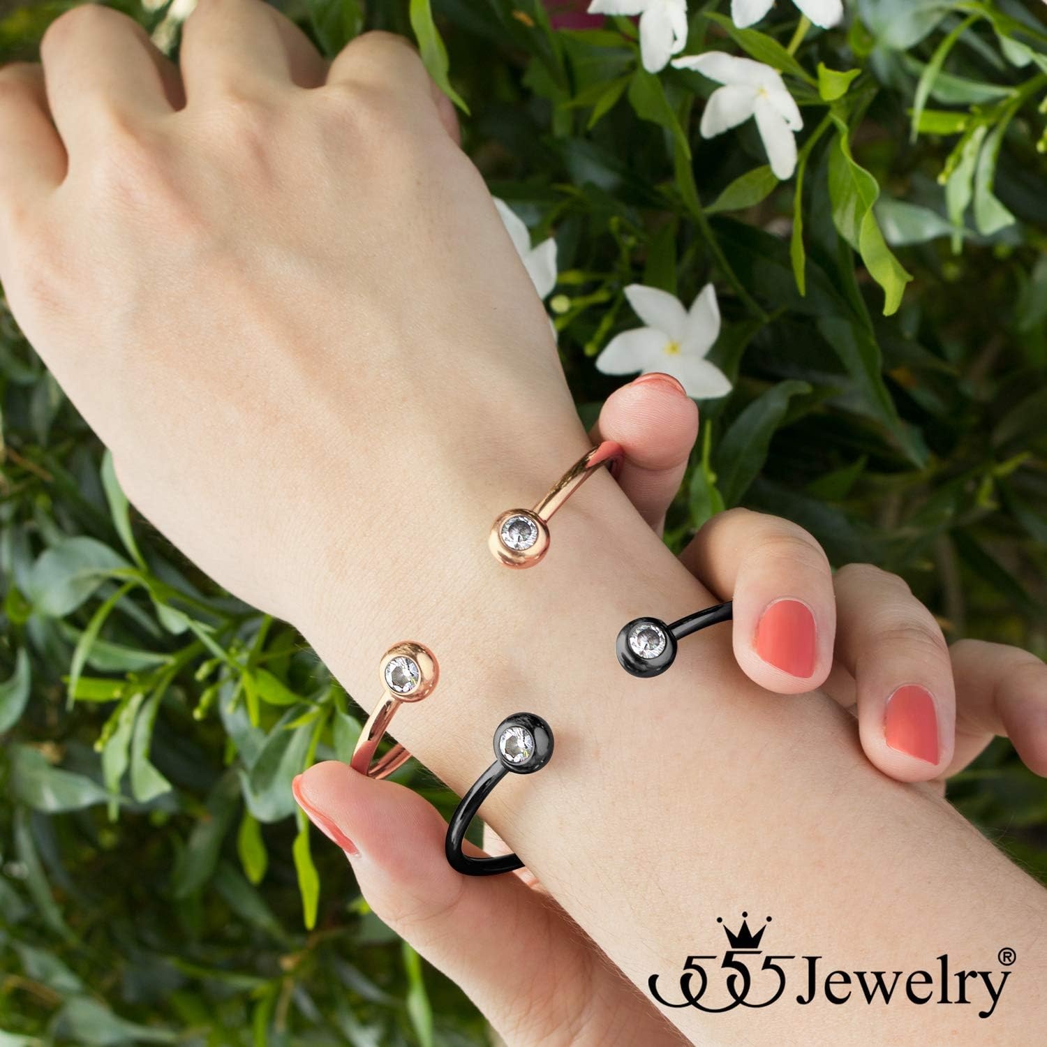image:image555Jewelry Stainless Steel Open Cuff Bangle CZ Bead Bracelet for Women amp LadiesBlack