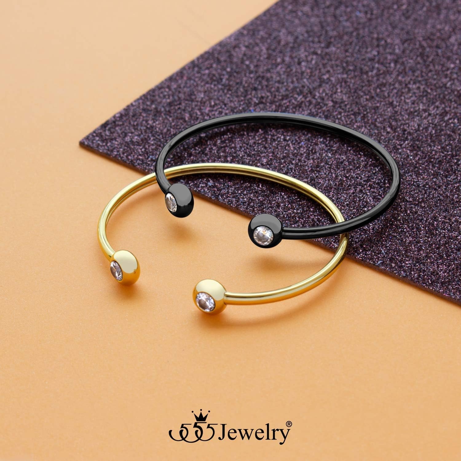 image:image555Jewelry Stainless Steel Open Cuff Bangle CZ Bead Bracelet for Women amp LadiesBlack