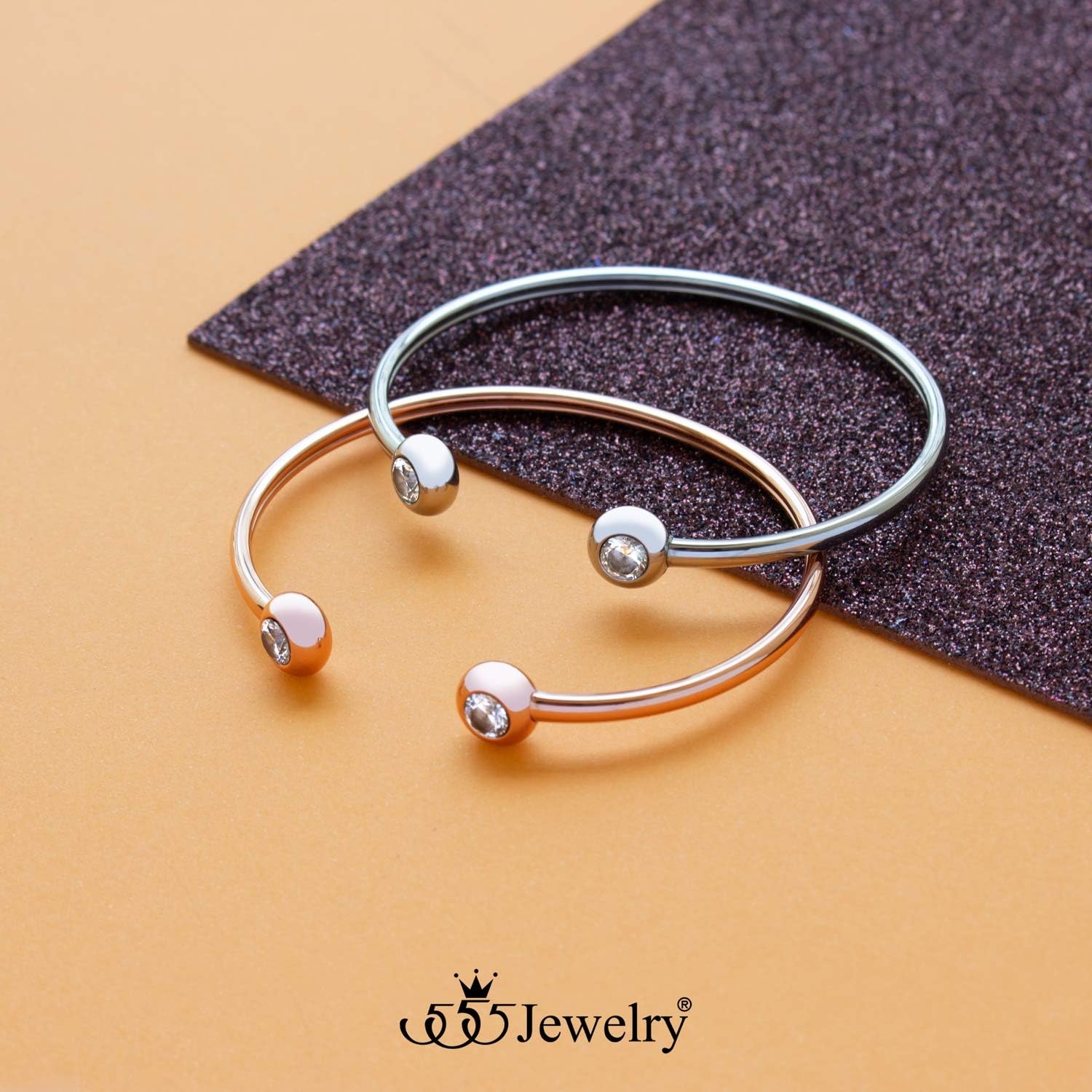 image:image555Jewelry Stainless Steel Open Cuff Bangle CZ Bead Bracelet for Women amp LadiesSilver