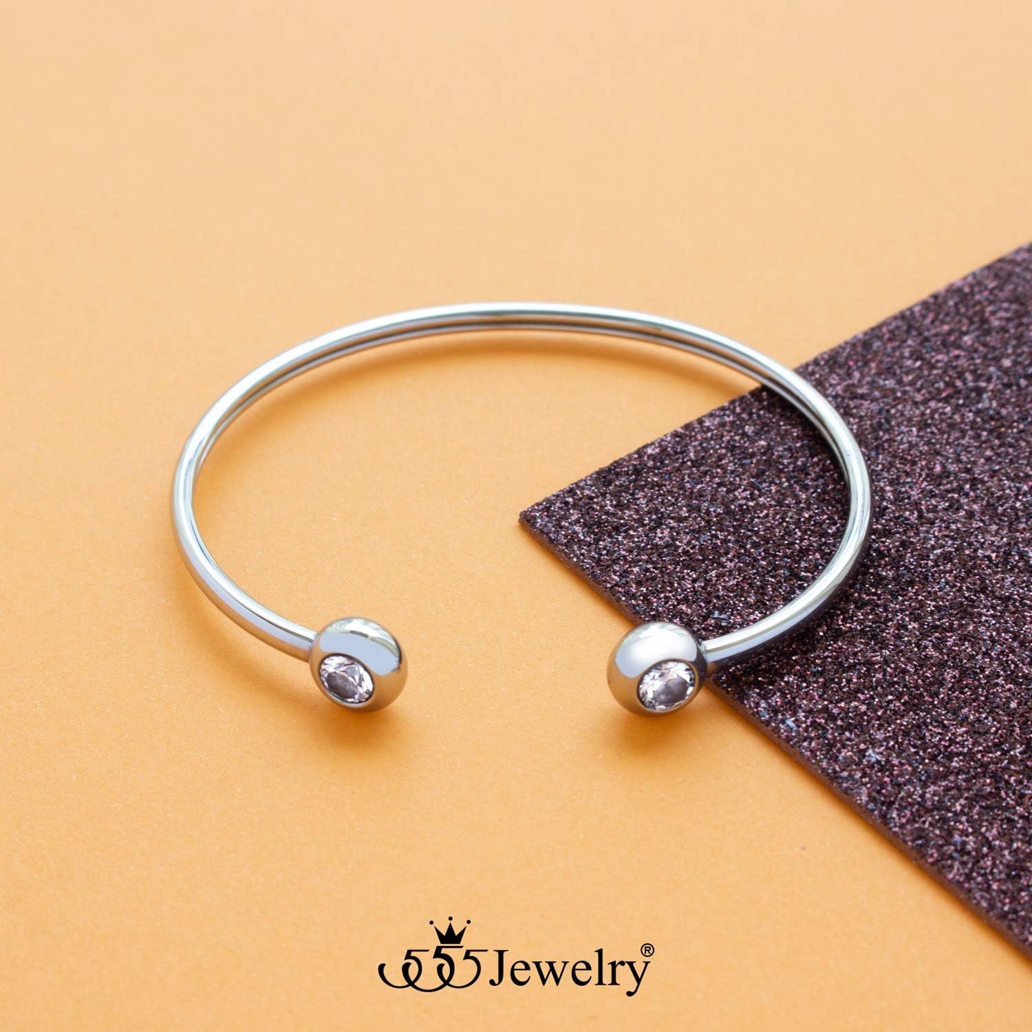 image:image555Jewelry Stainless Steel Open Cuff Bangle CZ Bead Bracelet for Women amp LadiesSilver