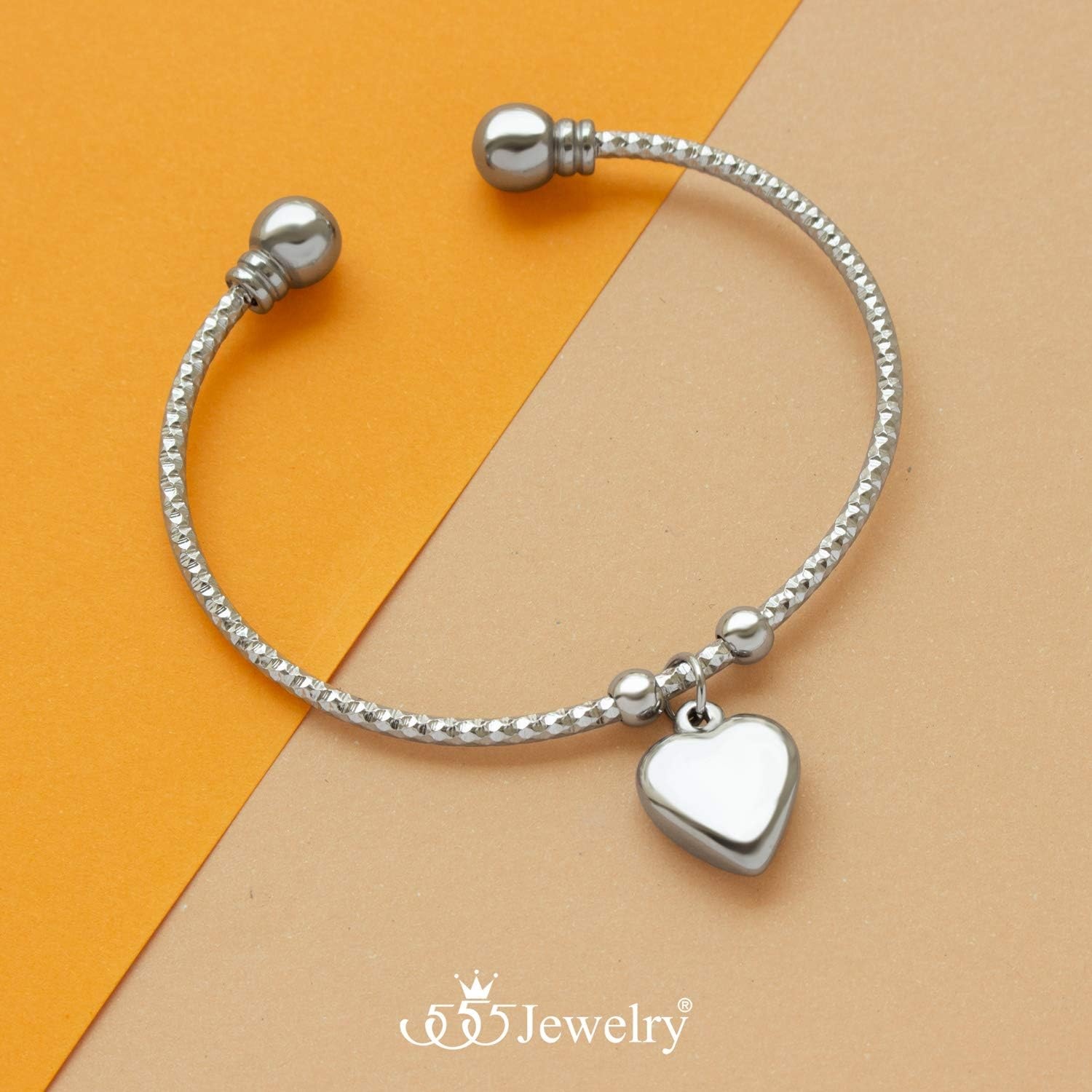 image:image555Jewelry Stainless Steel Open Cuff Bangle Heart Charm Bracelet for Women amp LadiesSilver