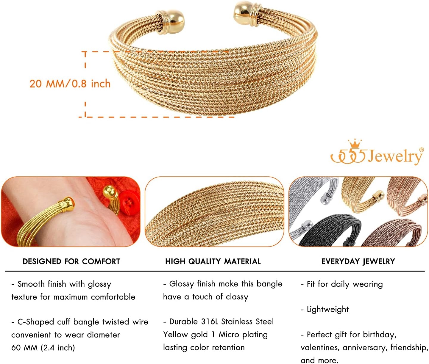 image:image555Jewelry Stainless Steel Open Cuff Twisted Wire Bangle Bracelet for Women amp LadiesGold