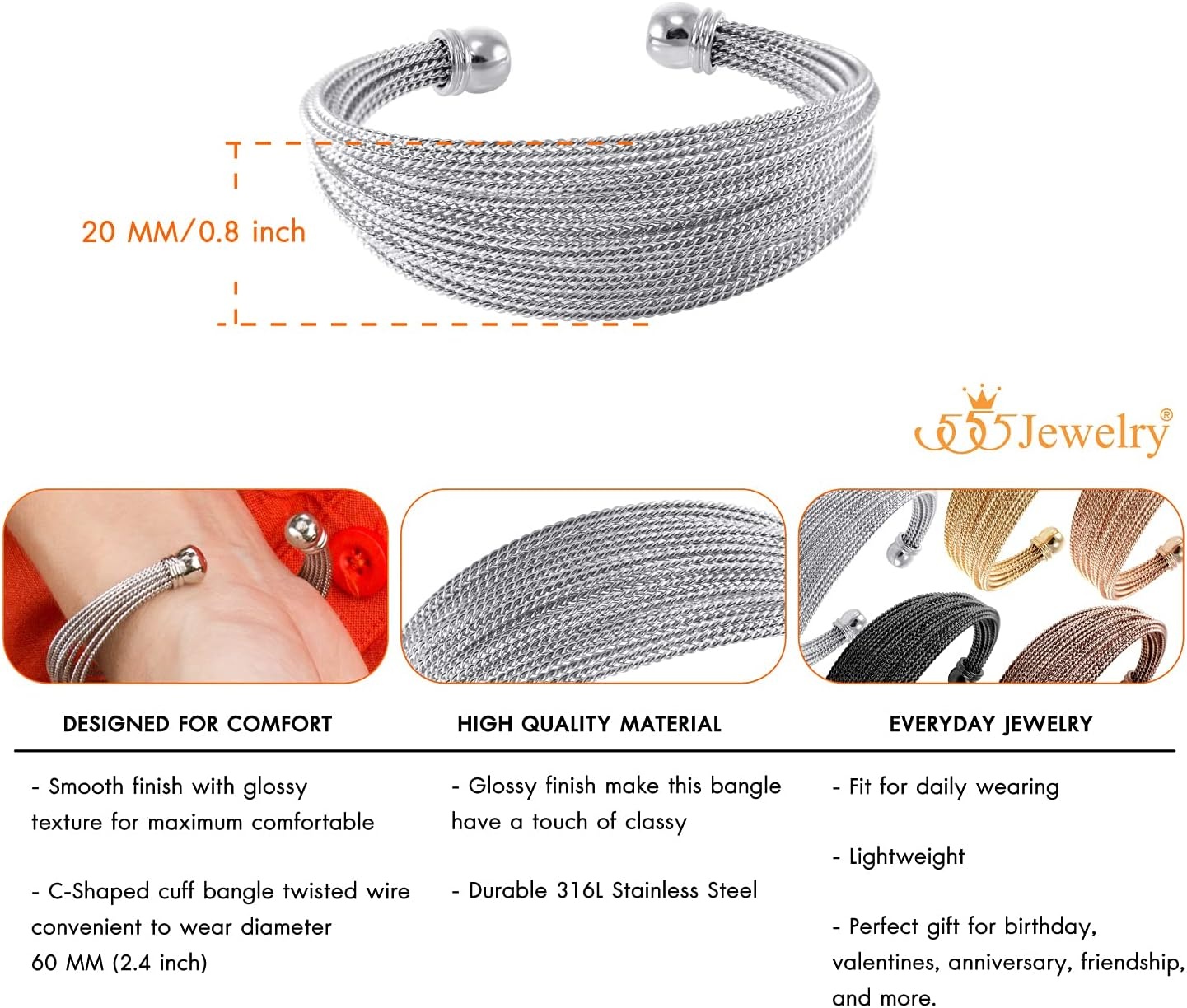image:image555Jewelry Stainless Steel Open Cuff Twisted Wire Bangle Bracelet for Women amp LadiesSilver