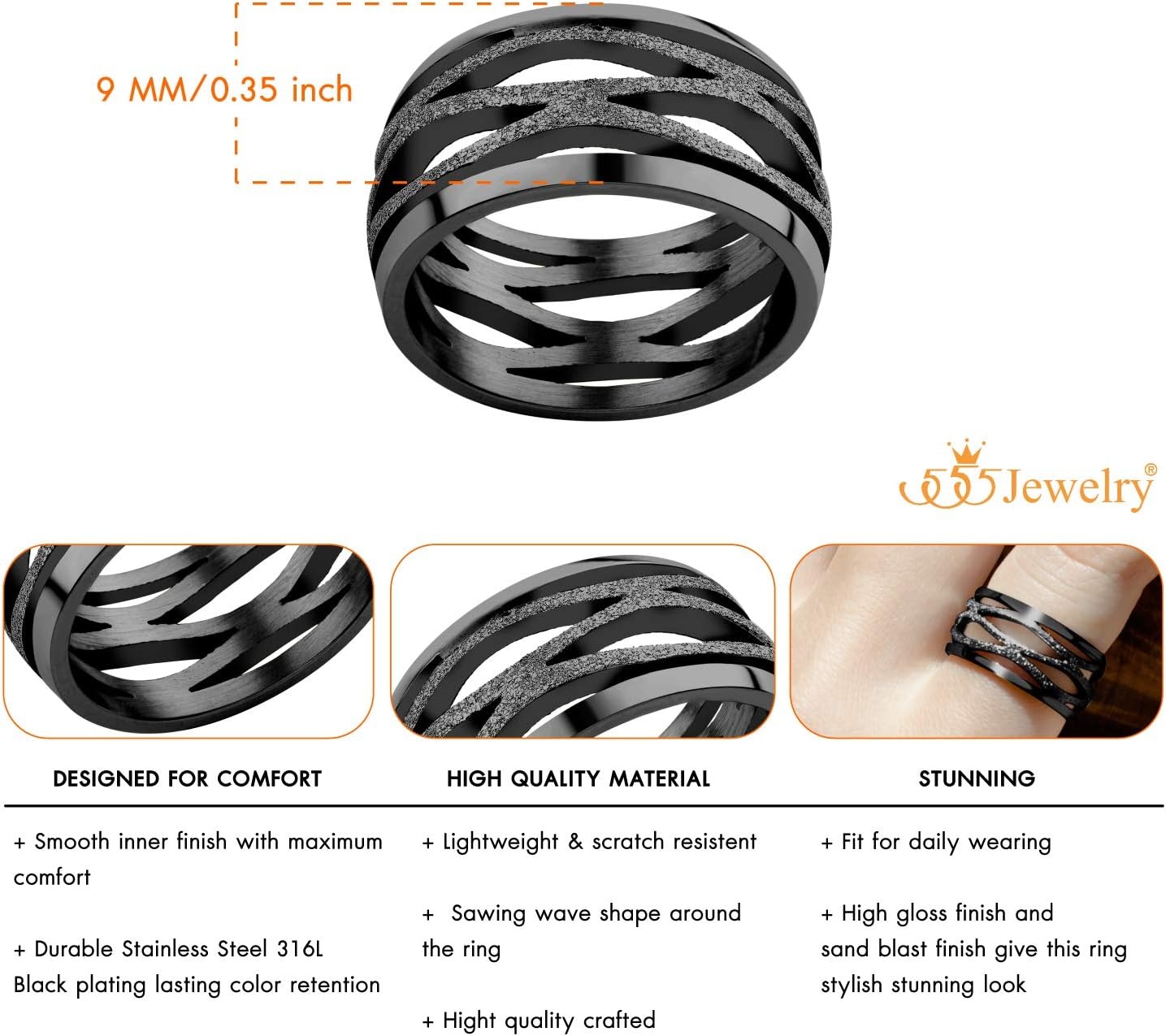 image:image555Jewelry Stainless Steel Sparkly Patterned Ring for Women Glittering Sandblast Texture Female RingBlack