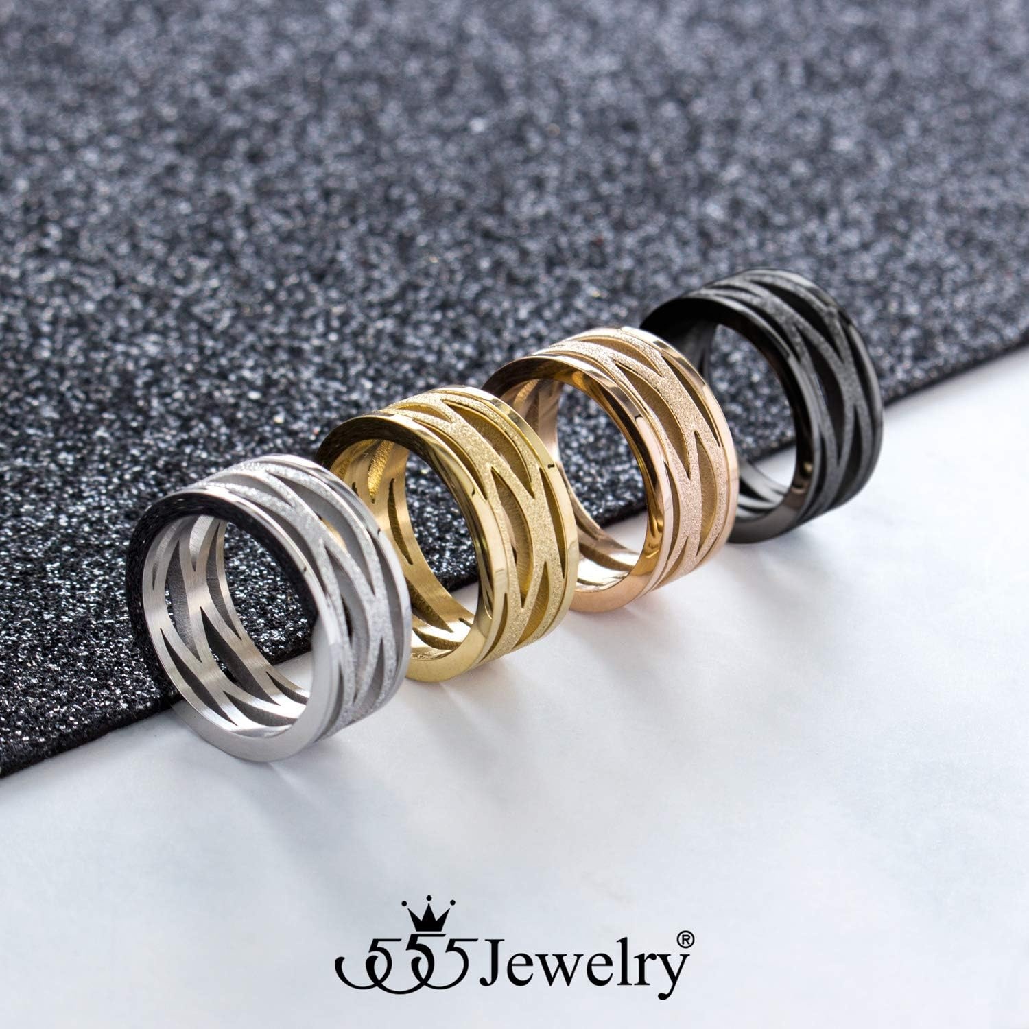 image:image555Jewelry Stainless Steel Sparkly Patterned Ring for Women Glittering Sandblast Texture Female RingBlack
