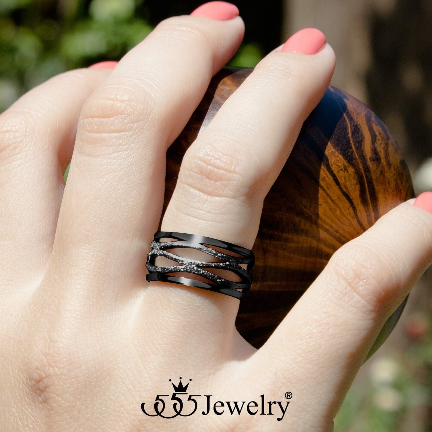 image:image555Jewelry Stainless Steel Sparkly Patterned Ring for Women Glittering Sandblast Texture Female RingBlack