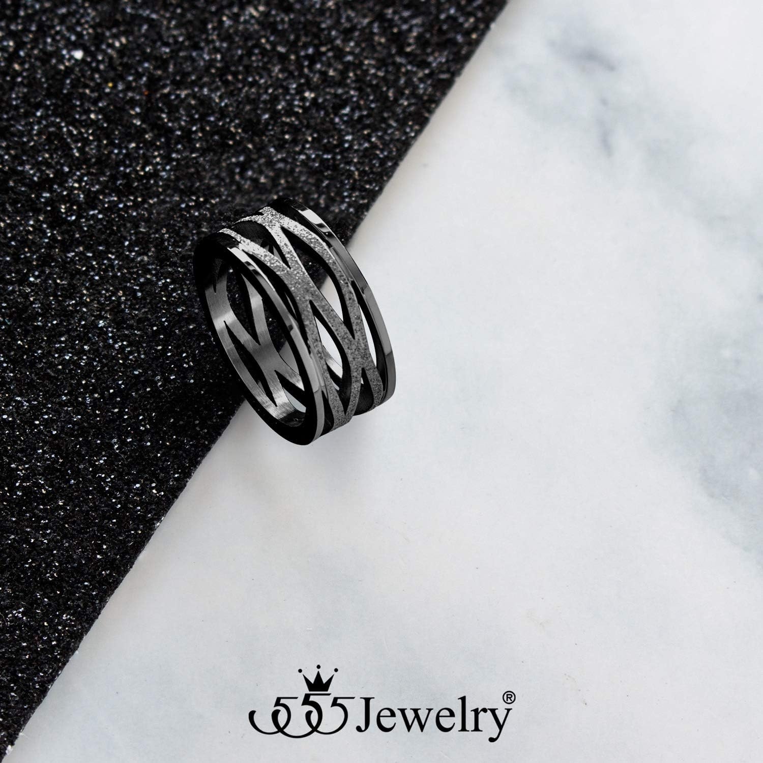 image:image555Jewelry Stainless Steel Sparkly Patterned Ring for Women Glittering Sandblast Texture Female RingBlack