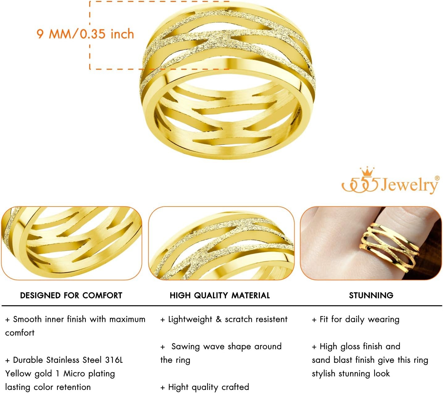 image:image555Jewelry Stainless Steel Sparkly Patterned Ring for Women Glittering Sandblast Texture Female RingGold