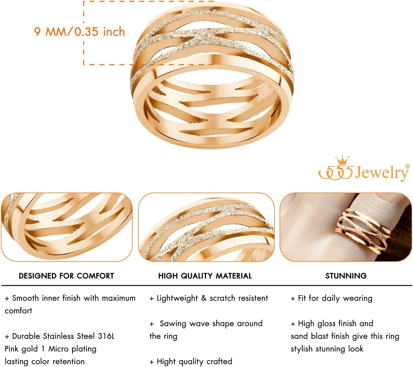 image:image555Jewelry Stainless Steel Sparkly Patterned Ring for Women Glittering Sandblast Texture Female RingRose Gold