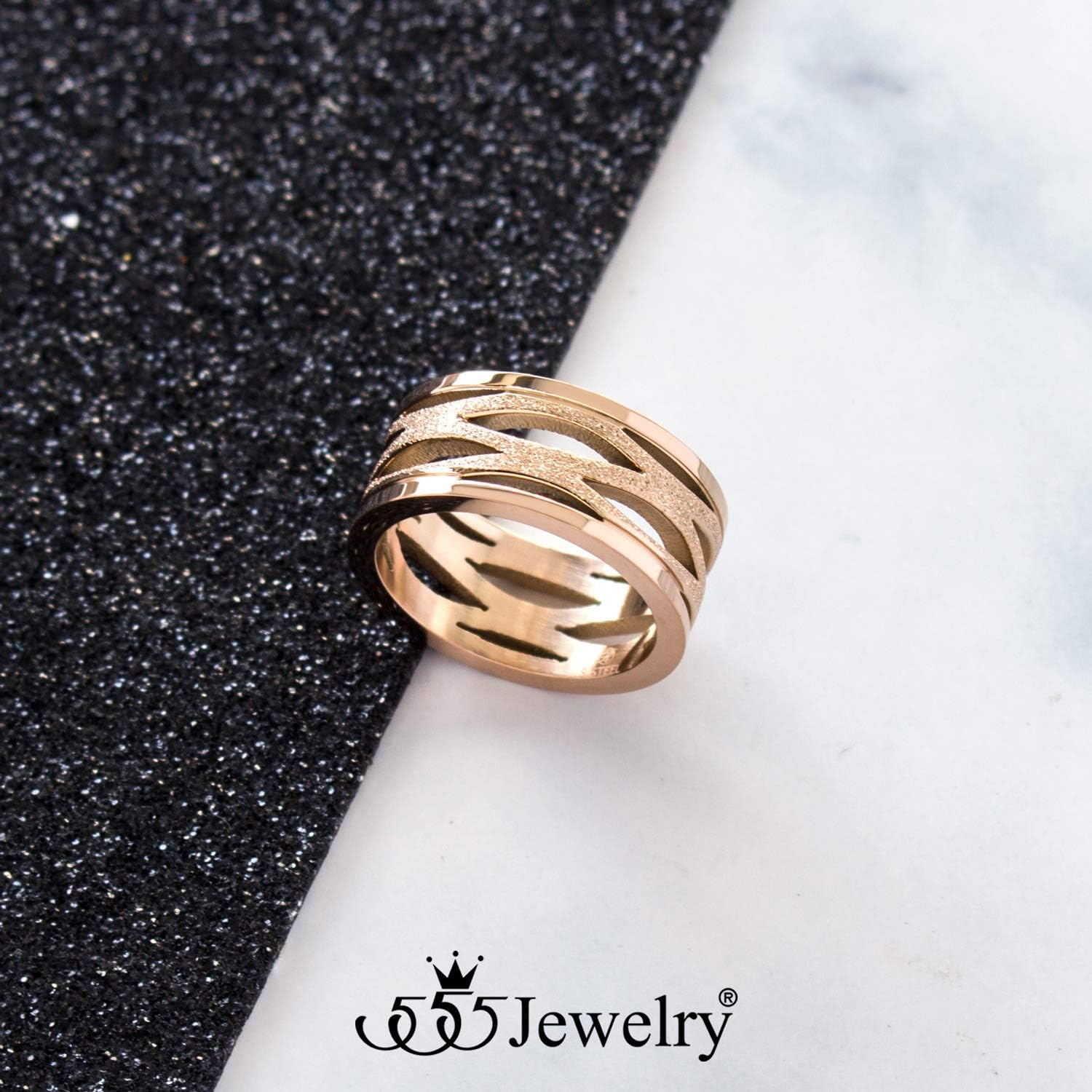 image:image555Jewelry Stainless Steel Sparkly Patterned Ring for Women Glittering Sandblast Texture Female RingRose Gold