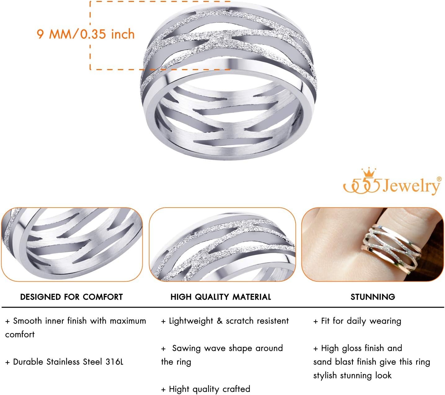 image:image555Jewelry Stainless Steel Sparkly Patterned Ring for Women Glittering Sandblast Texture Female RingSilver