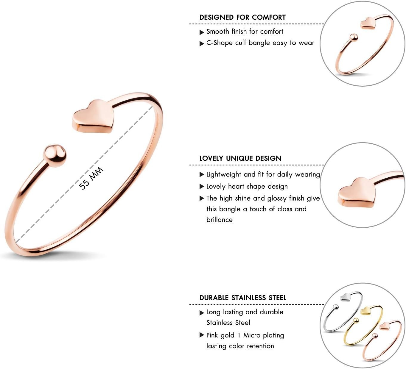 image:image555Jewelry Stainless Steel Womens Cute Love Tiny Heart Open Cuff Bangle Bracelet HypoallergenicPink Rose Gold
