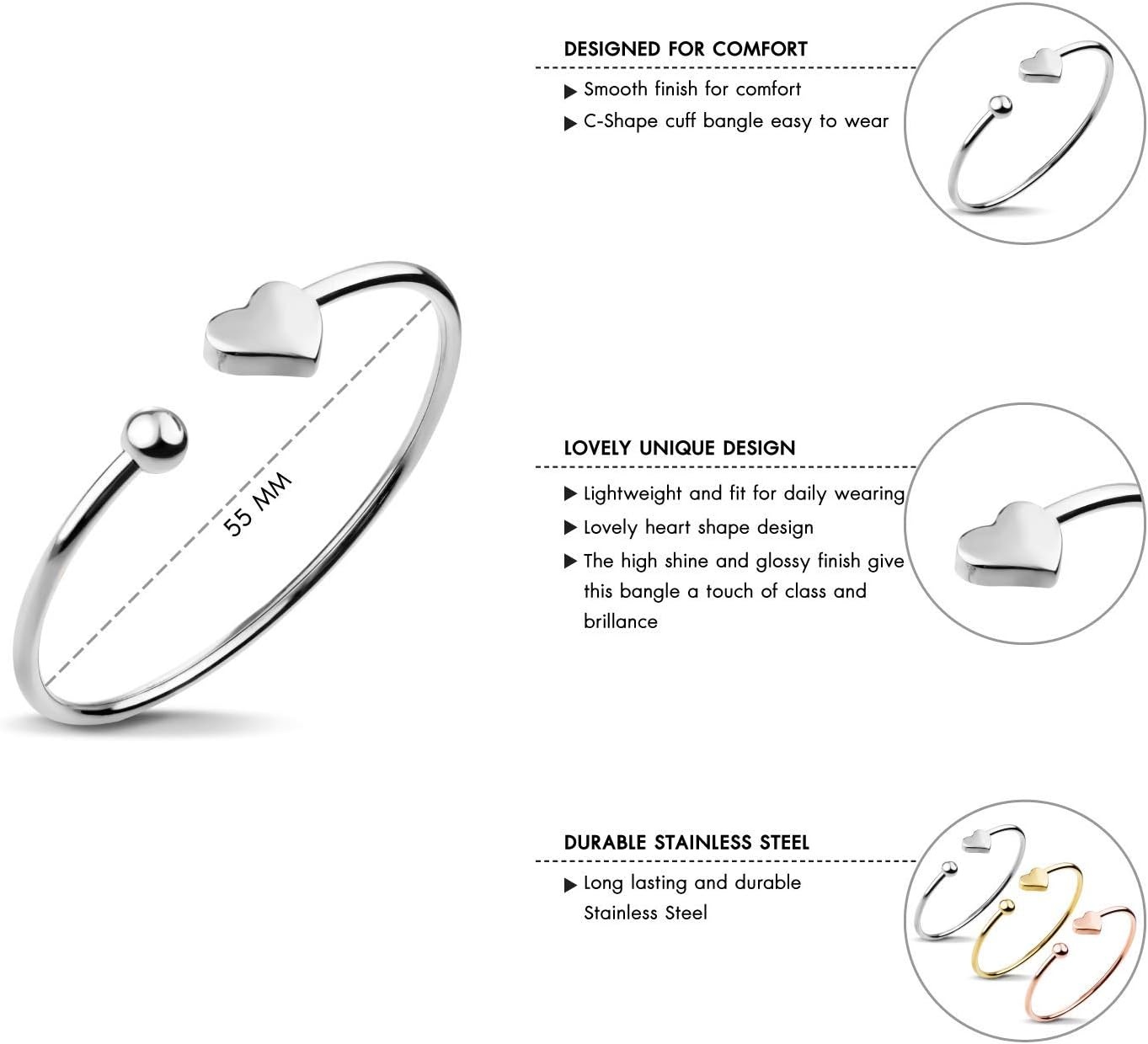 image:image555Jewelry Stainless Steel Womens Cute Love Tiny Heart Open Cuff Bangle Bracelet HypoallergenicSilver