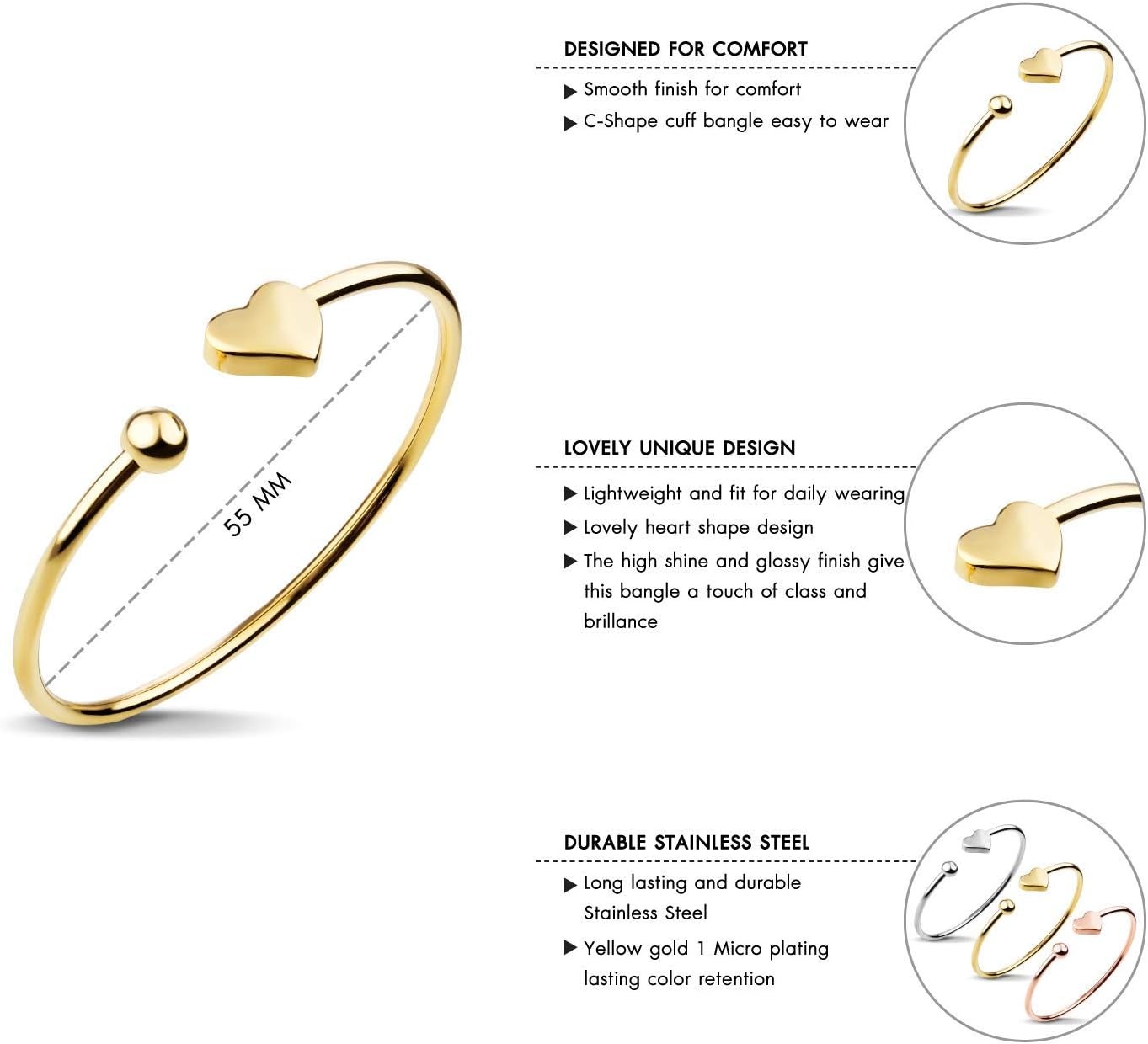 image:image555Jewelry Stainless Steel Womens Cute Love Tiny Heart Open Cuff Bangle Bracelet HypoallergenicYellow Gold