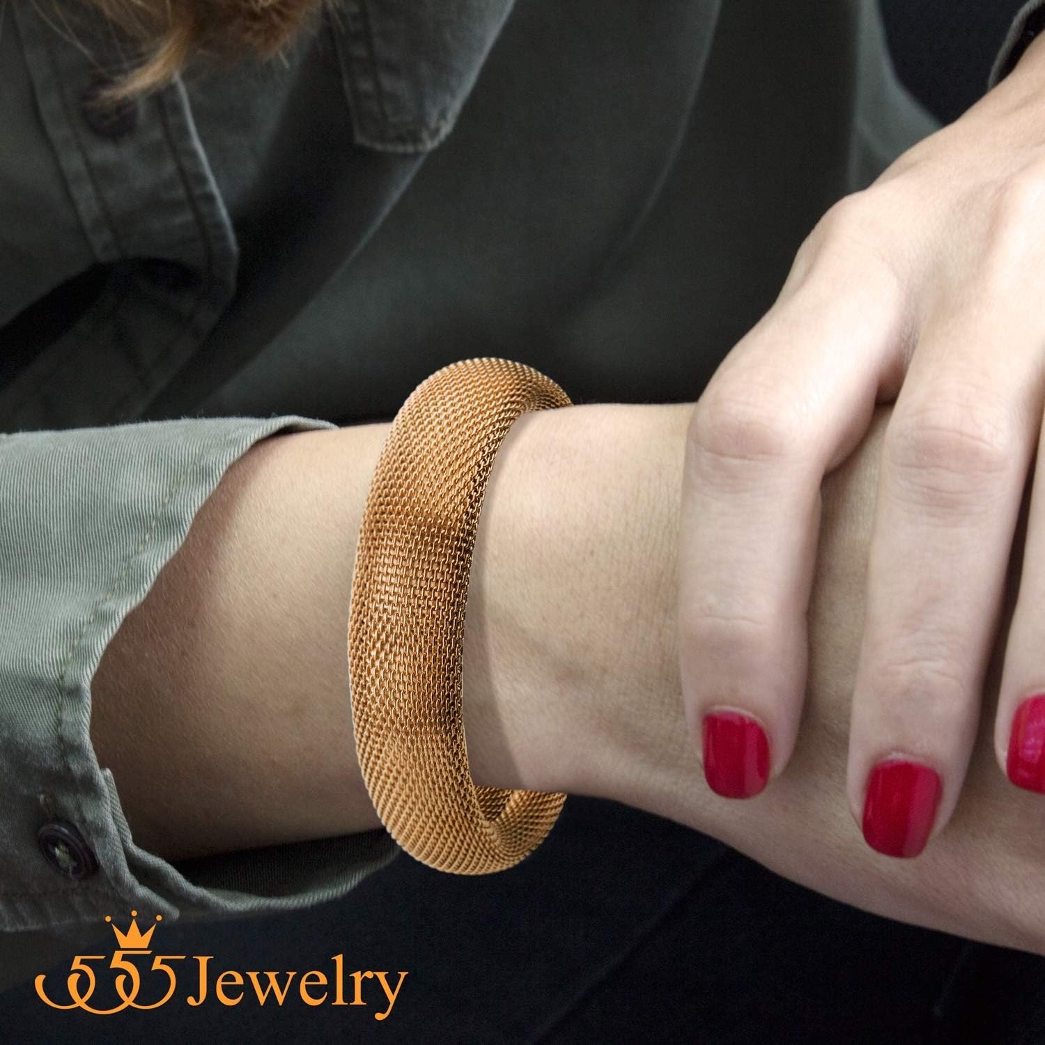 image:image555Jewelry Stainless Steel Womens Trendy Mesh Wrap Open Cuff Bangle BraceletPink Rose Gold
