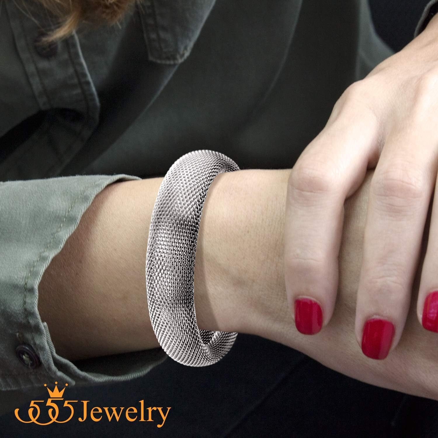 image:image555Jewelry Stainless Steel Womens Trendy Mesh Wrap Open Cuff Bangle BraceletSilver