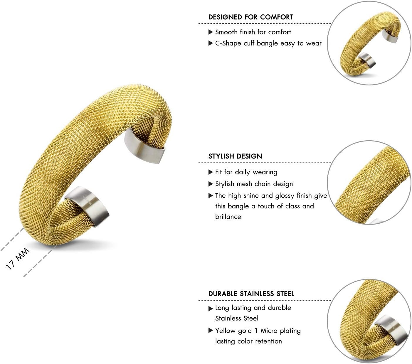 image:image555Jewelry Stainless Steel Womens Trendy Mesh Wrap Open Cuff Bangle BraceletYellow Gold