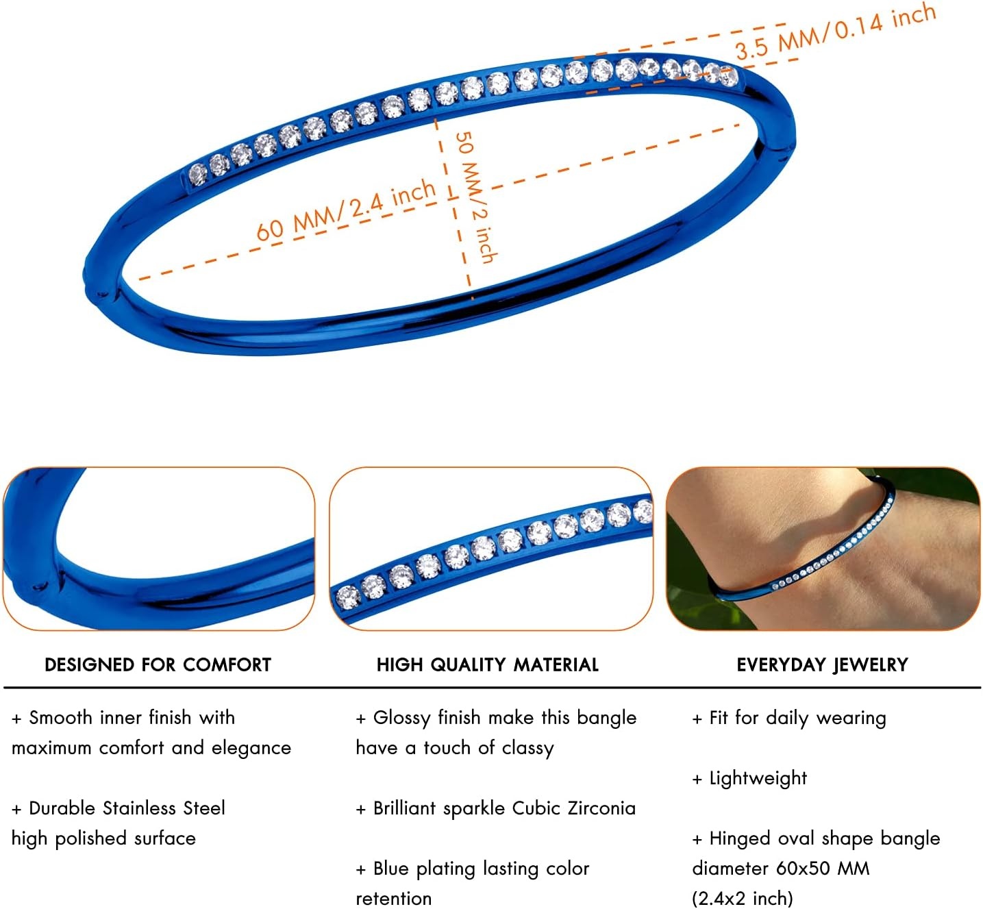 image:image555Jewelry Stainless Steel amp CZ Hinged Oval Cuff Bangle Bracelet for WomenBlue