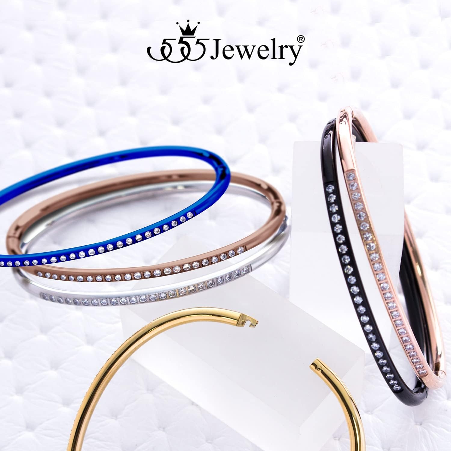 image:image555Jewelry Stainless Steel amp CZ Hinged Oval Cuff Bangle Bracelet for WomenBlue
