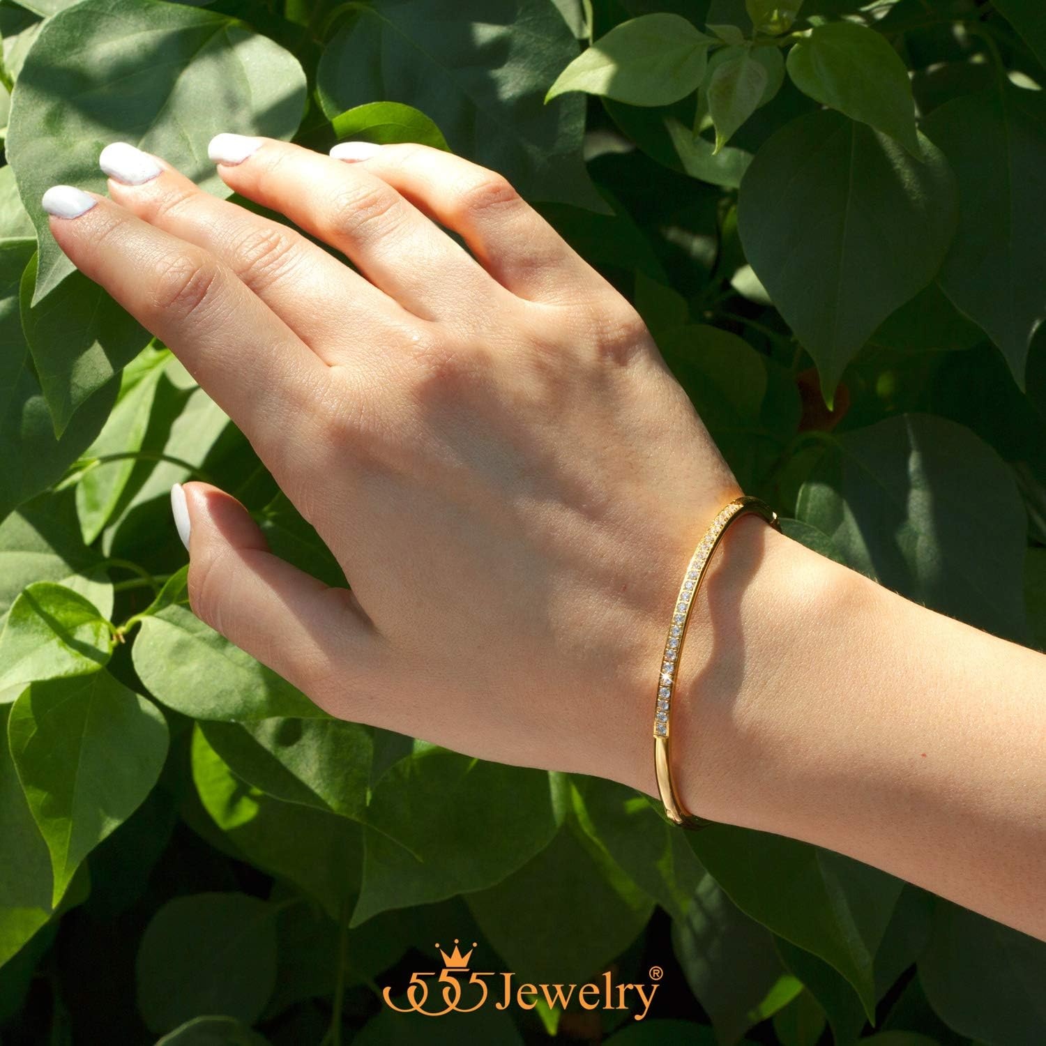 image:image555Jewelry Stainless Steel amp CZ Hinged Oval Cuff Bangle Bracelet for WomenGold