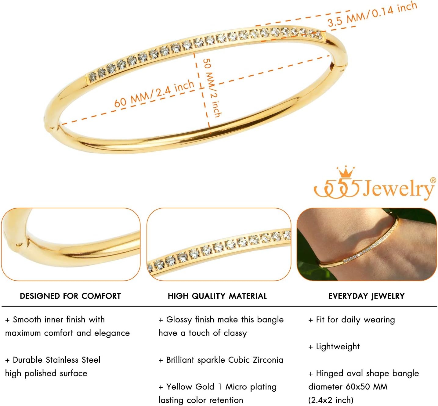 image:image555Jewelry Stainless Steel amp CZ Hinged Oval Cuff Bangle Bracelet for WomenGold