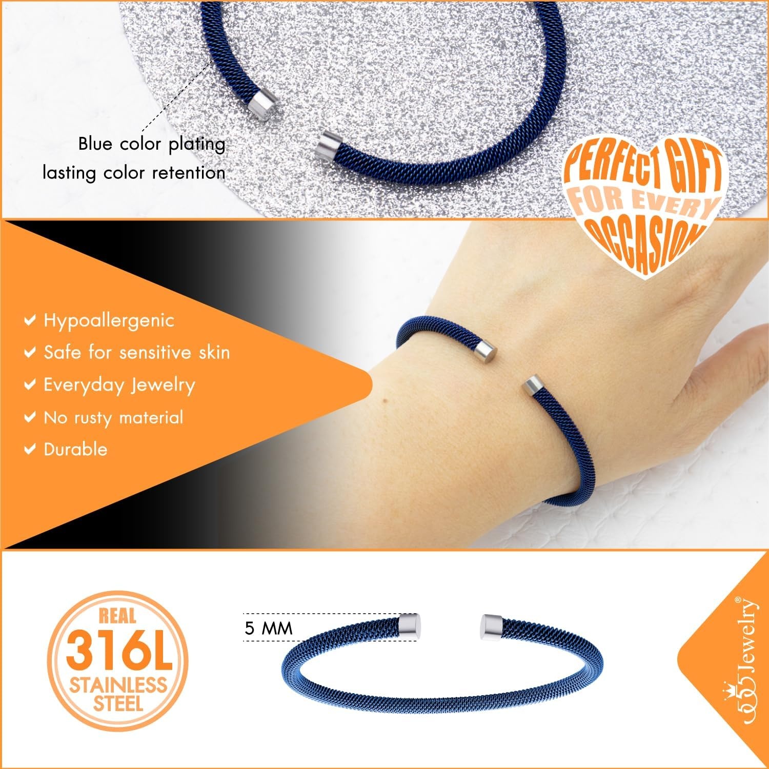 image:image555Jewelry Unisex Stainless Steel Mesh Open Cuff Bangle Bracelet for Men amp WomenBlueSilver Style 4